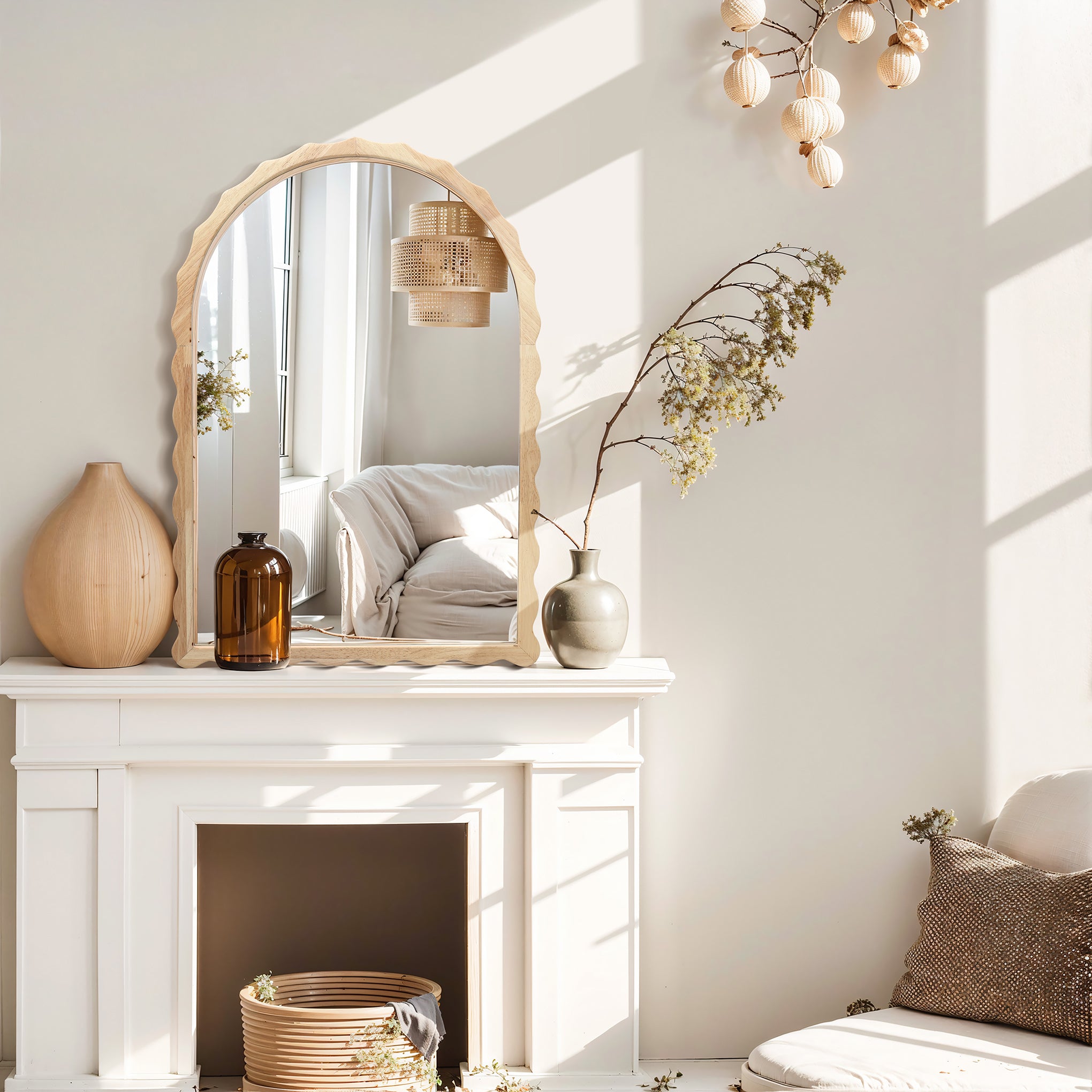 34-Inch Tall Arch Natural Rubberwood Scalloped Frame Wall Mirror