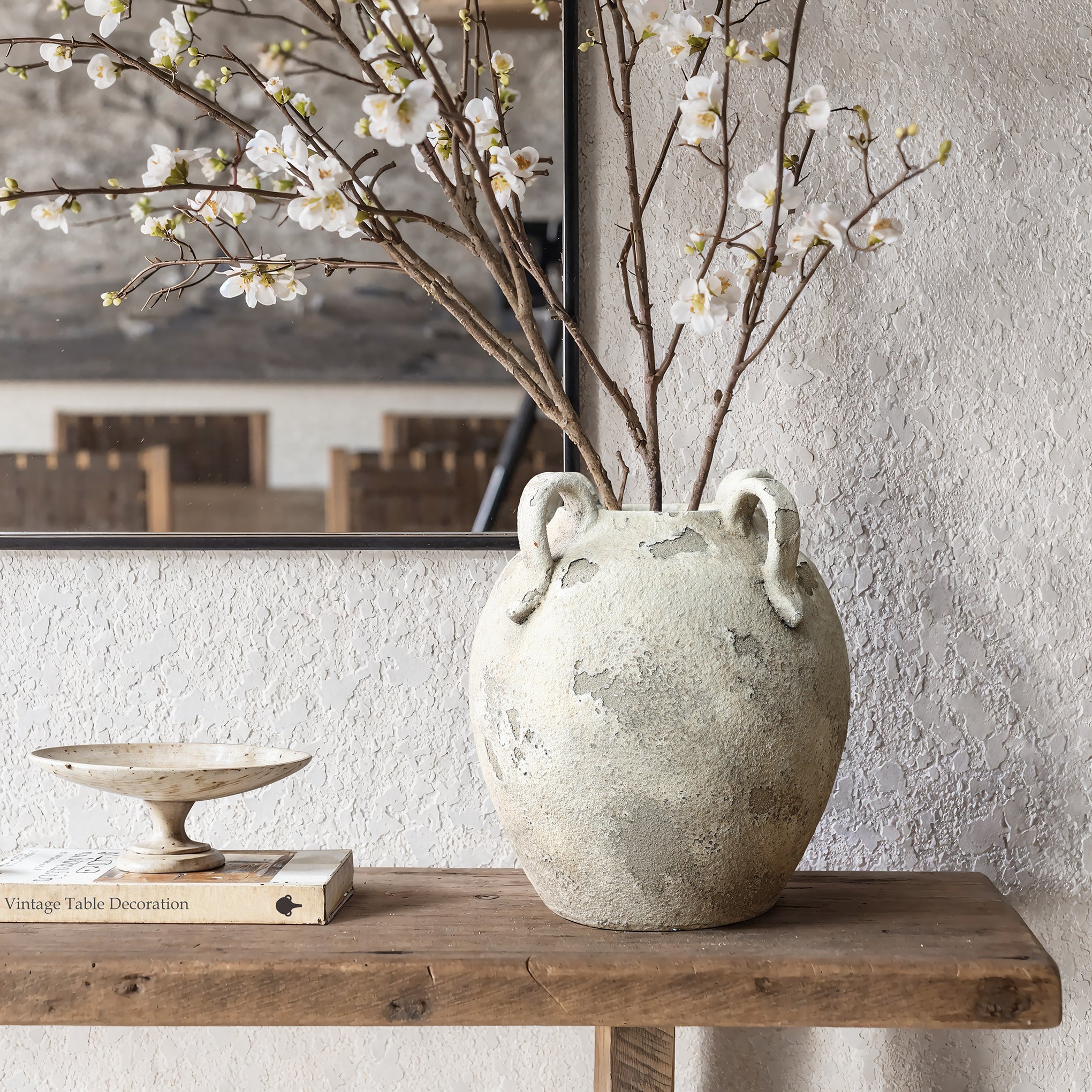 Rustic Gray and White Terracotta 10-Inch Round Vase with Handles