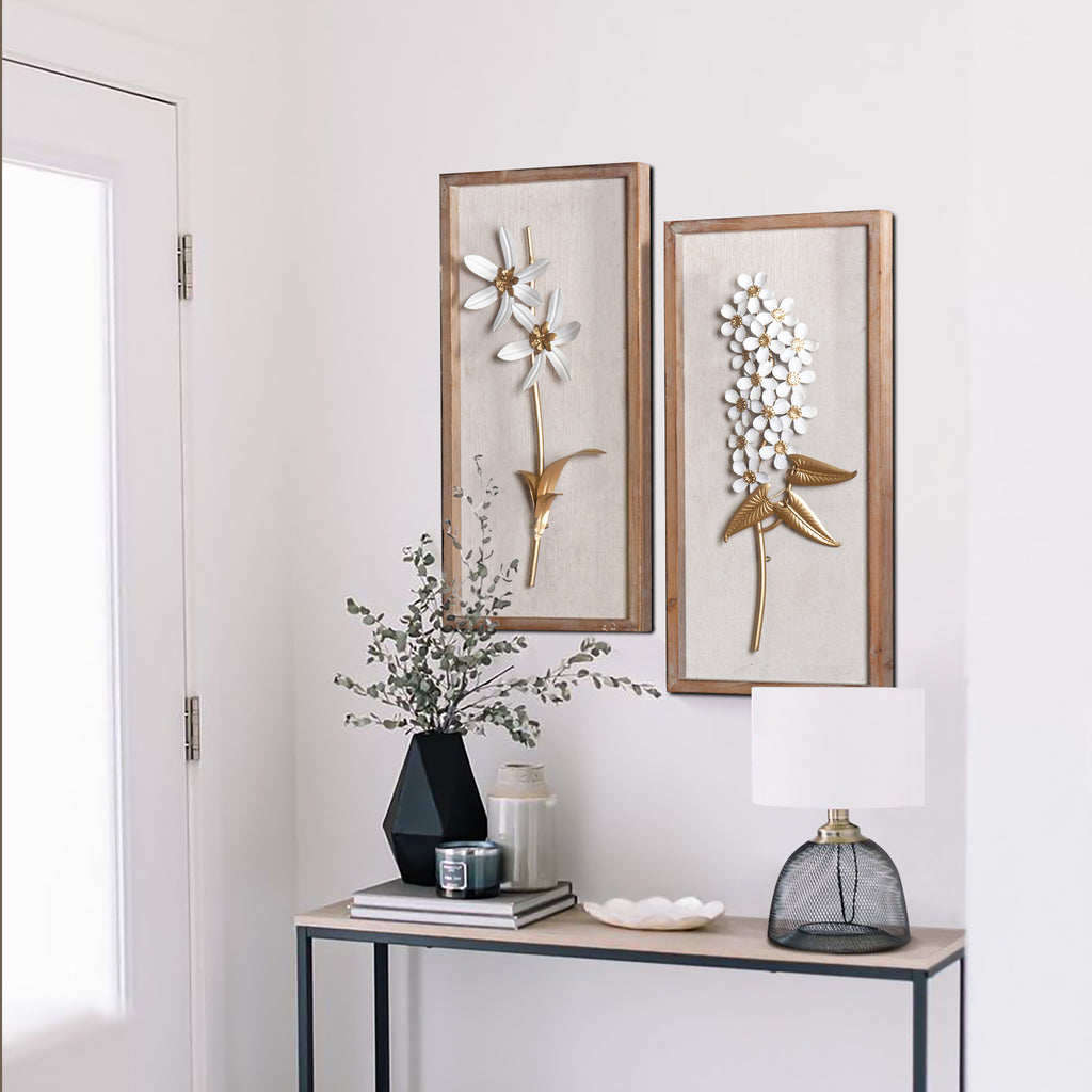 2-Piece White and Gold Flower Bouquet Wall Decor