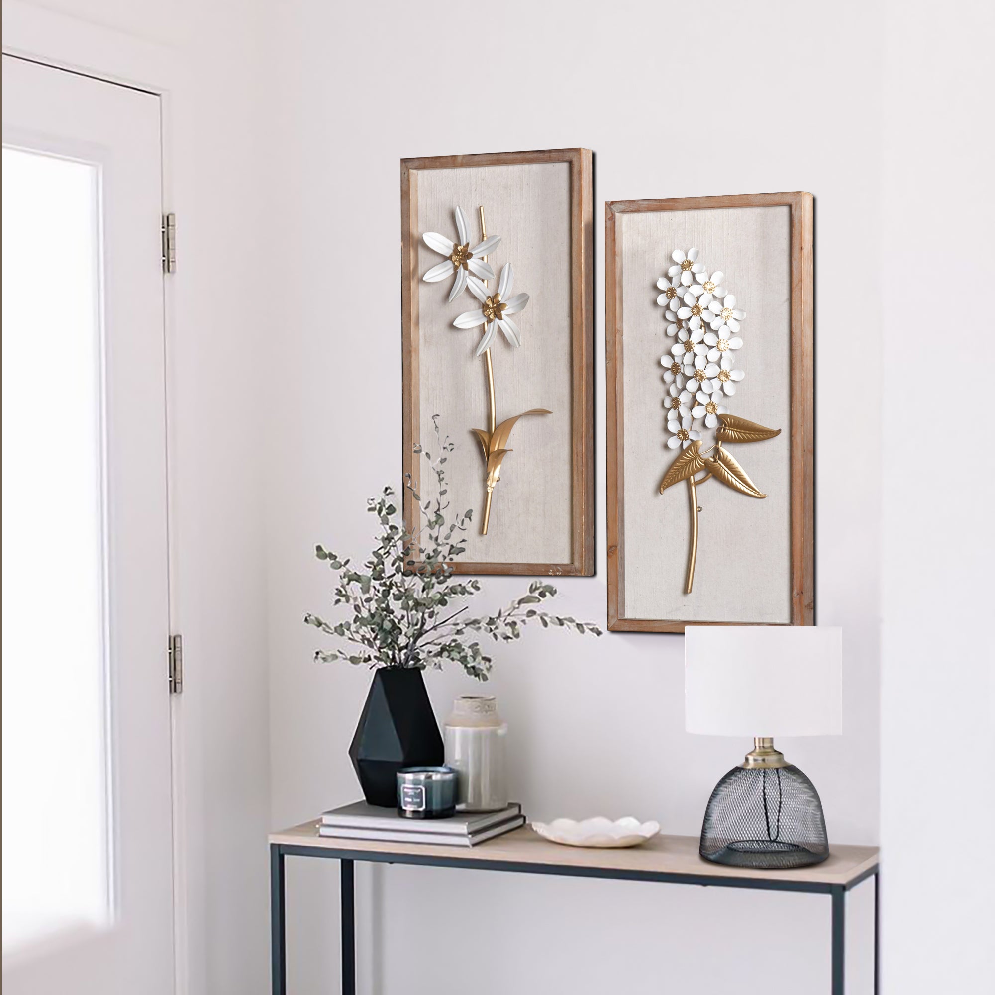 2-Piece White and Gold Flower Bouquet Wall Decor