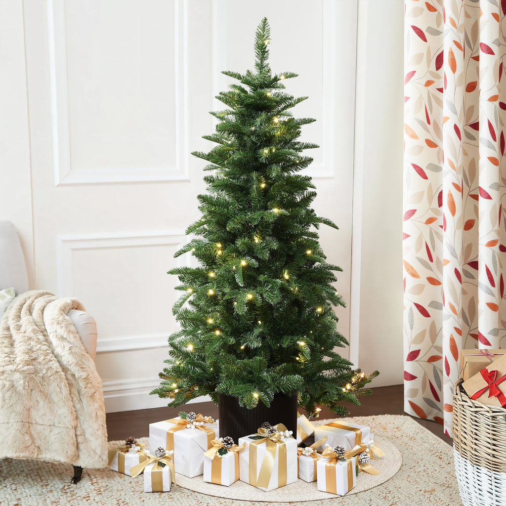 Pre-Lit Artificial Christmas Tree with Warm LED Lights – Dense Green Pine Needles, Black Pot, Easy Setup