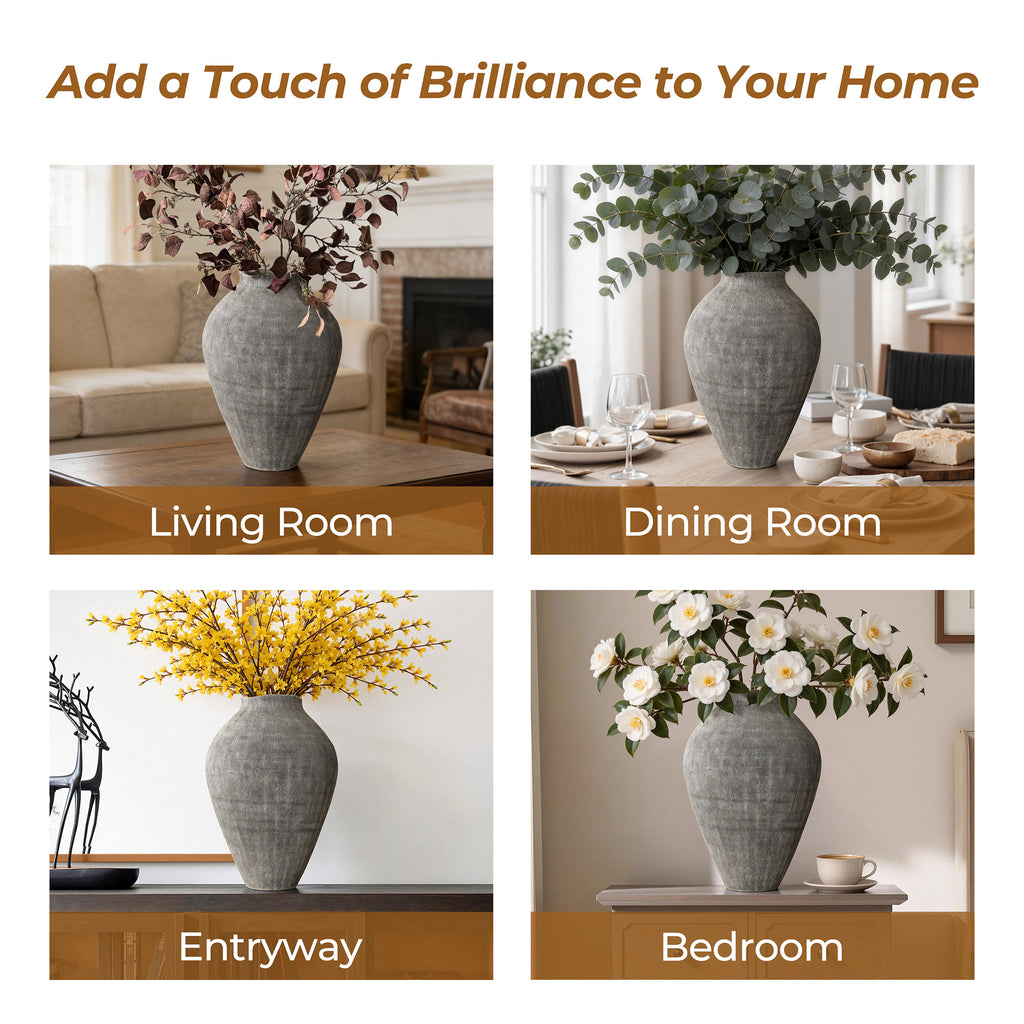 Tall Ribbed Terracotta Vase, Weathered Charcoal, 16"