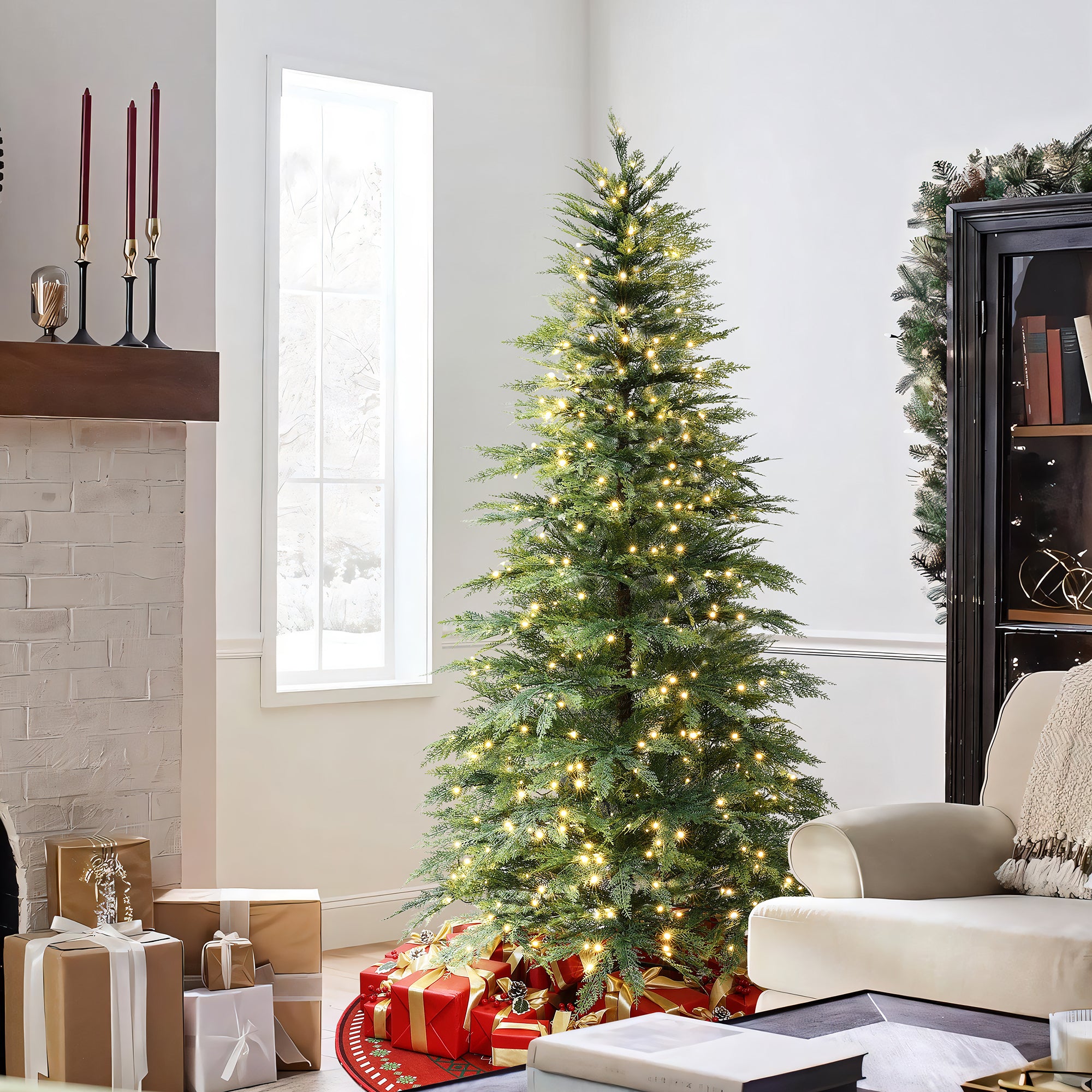 6.5Ft Pre-Lit Green Cypress Artificial Christmas Tree with Metal Stand