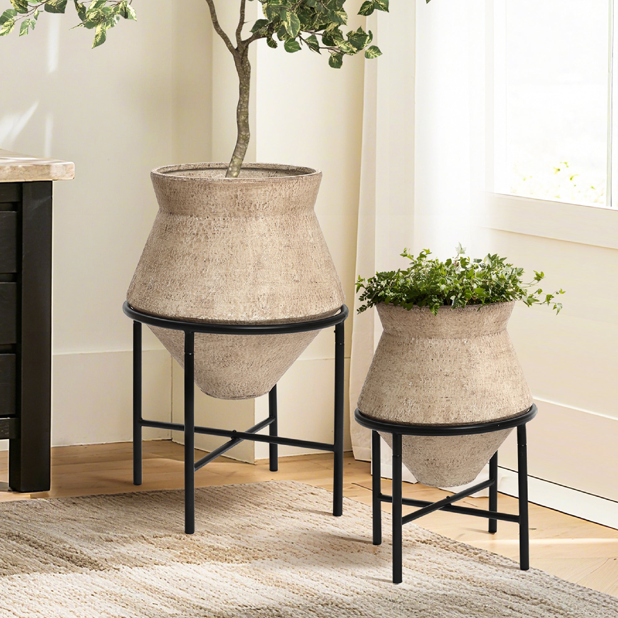 Nordic-Style Iron Plant Stand Set with Ceramic Pots – Modern Minimalist Design