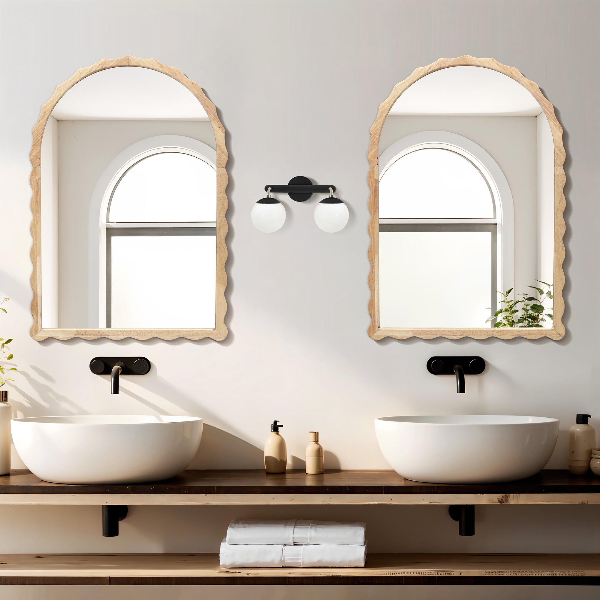 34-Inch Tall Arch Natural Rubberwood Scalloped Frame Wall Mirror