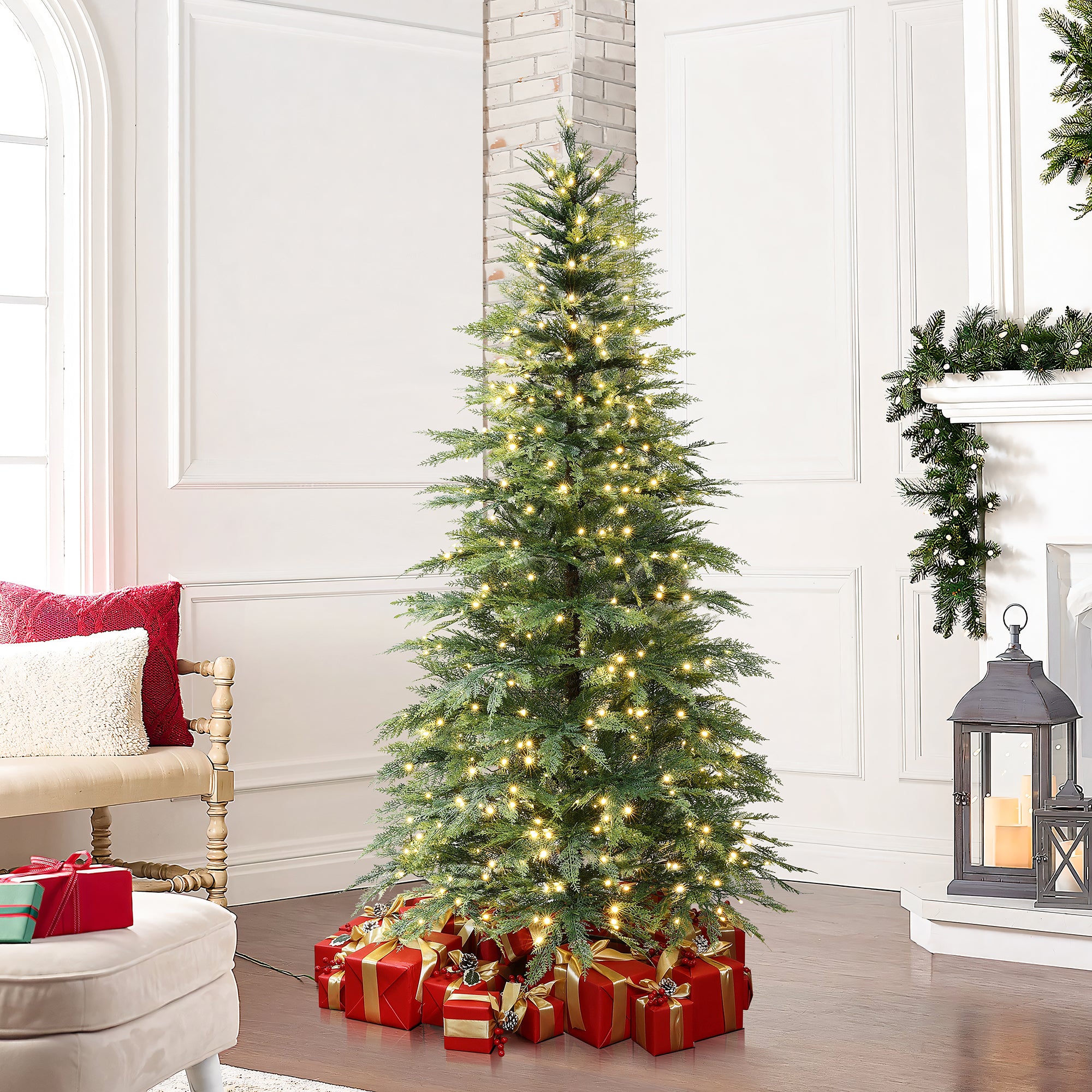 6.5Ft Pre-Lit Green Cypress Artificial Christmas Tree with Metal Stand
