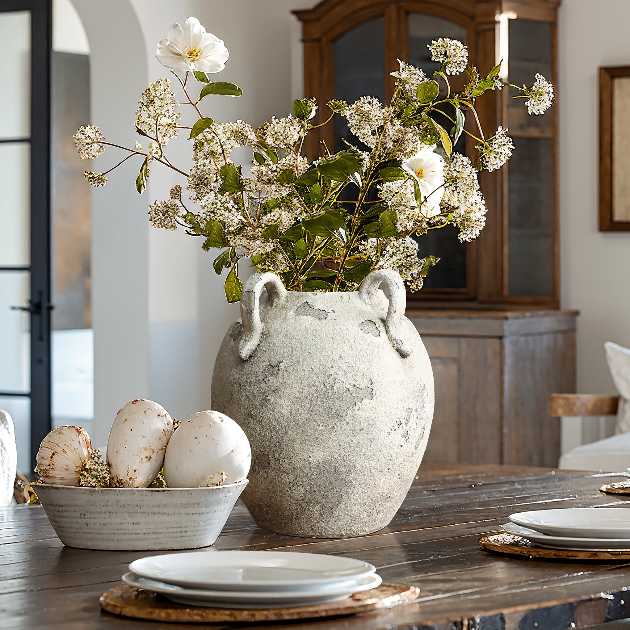 Rustic Gray and White Terracotta 10-Inch Round Vase with Handles