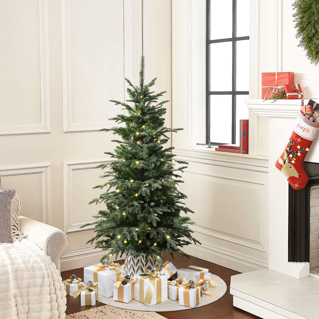 4.5Ft Pre-Lit Green Slender Fir Potted Artificial Christmas Tree