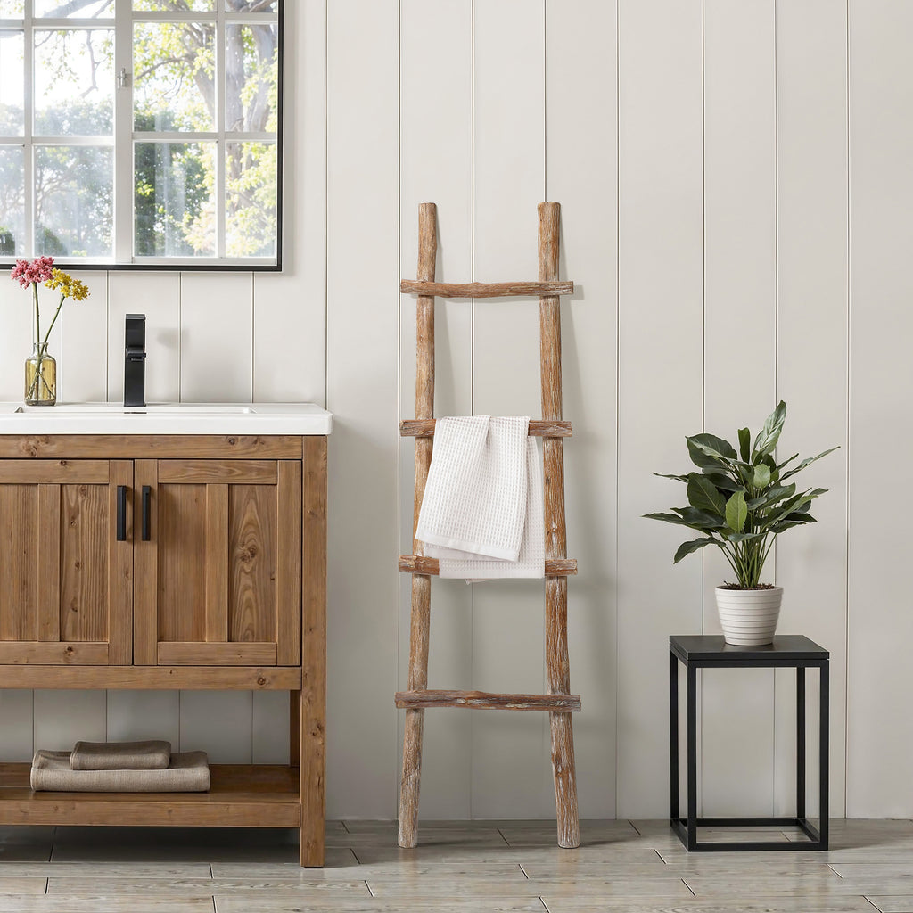 Solid Wood Natural 4-Rung 59-Inch Tall Blanket Ladder