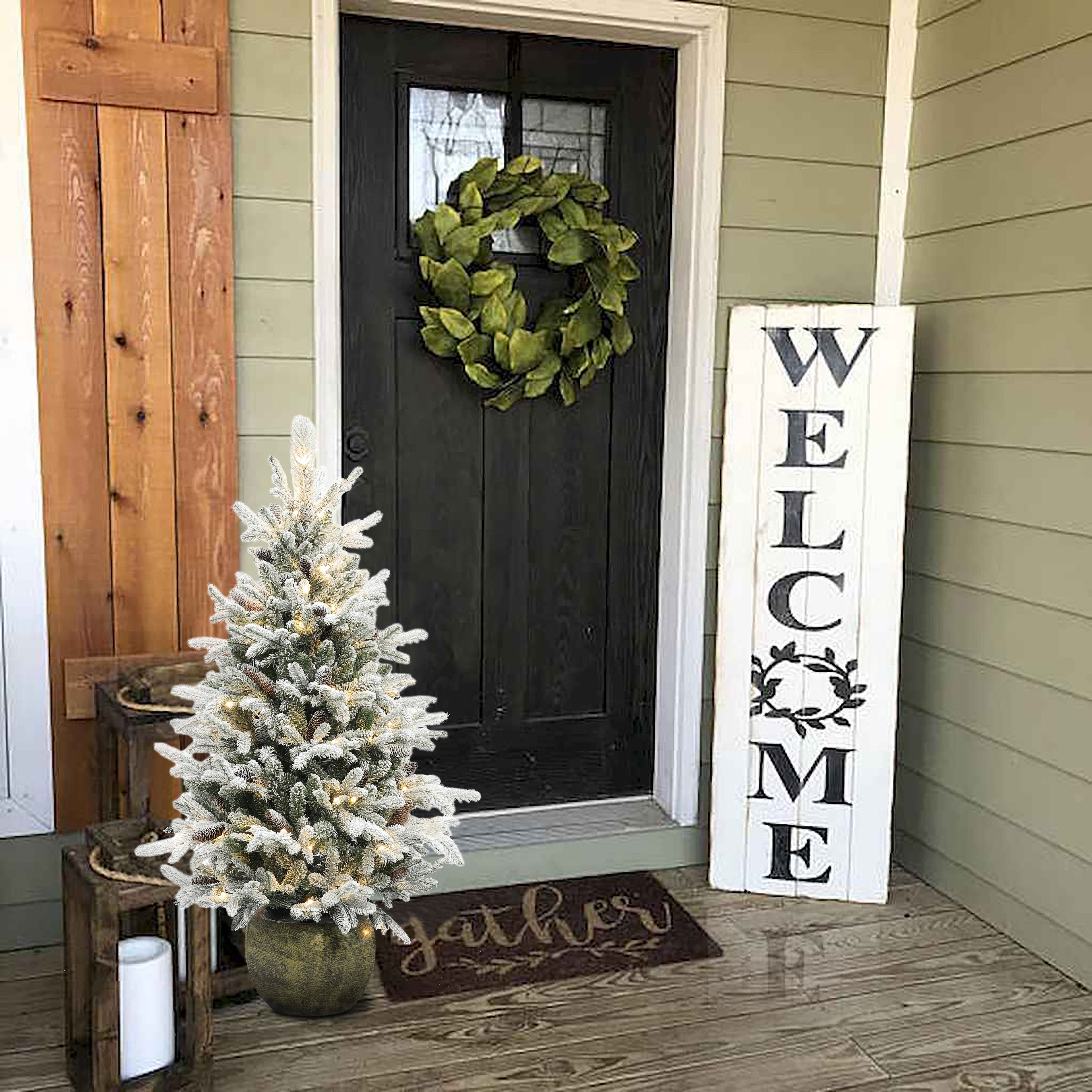 4.5Ft Pre-Lit Artificial Flocked Pine Tree with Pinecones and Pot
