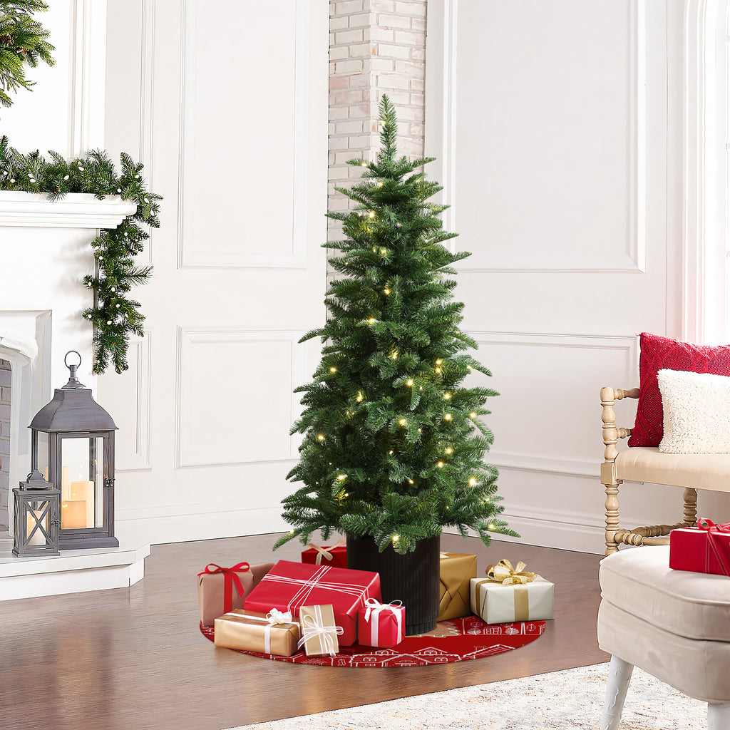 Pre-Lit Artificial Christmas Tree with Warm LED Lights – Dense Green Pine Needles, Black Pot, Easy Setup