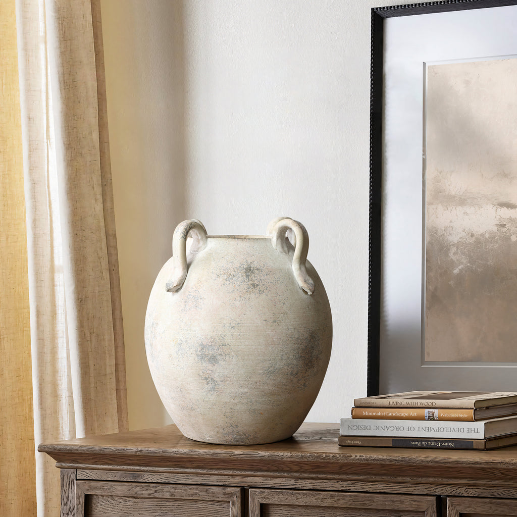 Multi Gray and White Terracotta 11-Inch Tall Vase with Handles