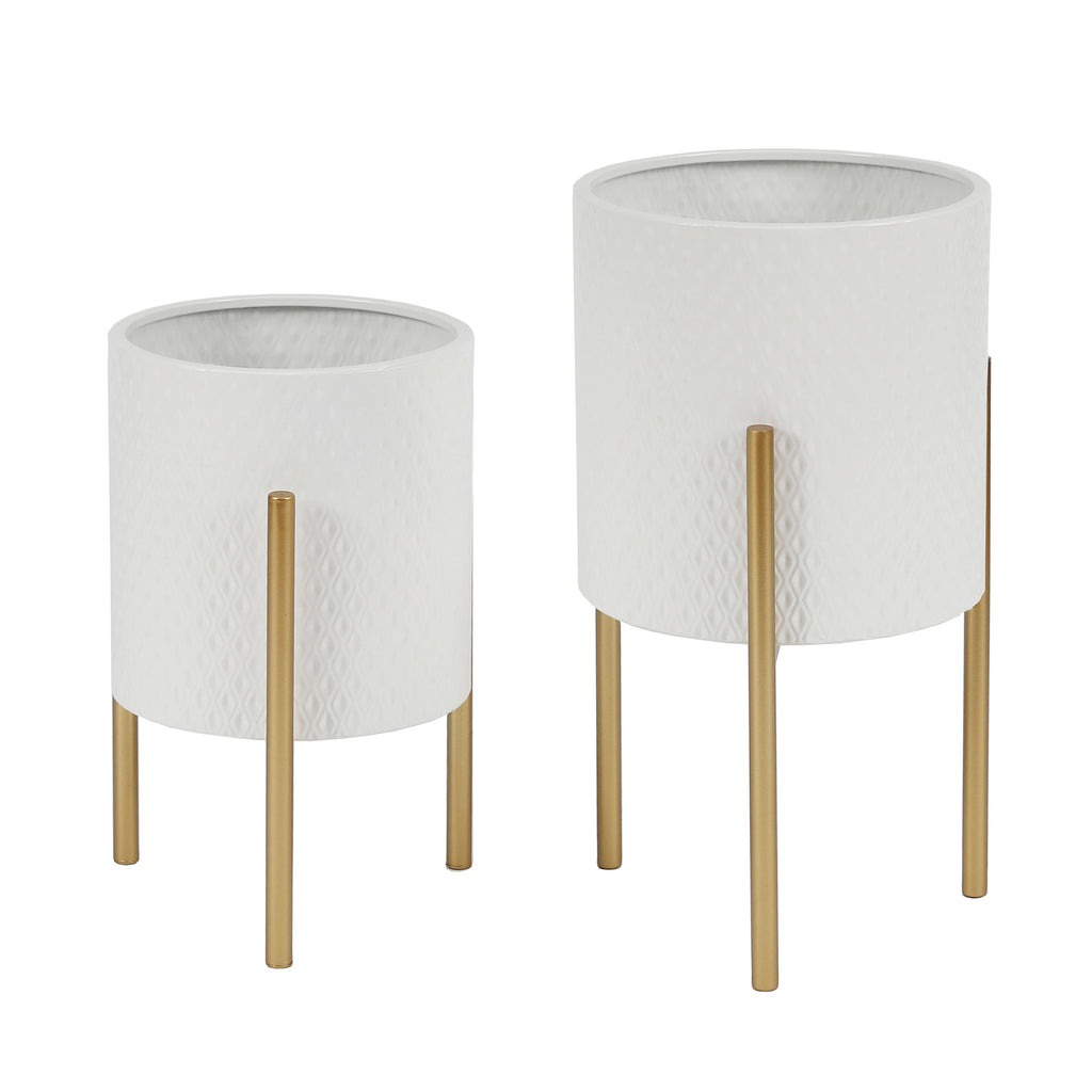 2-Piece Diamond Pattern Round Metal Cachepot Planter Set, White with Gold Stands