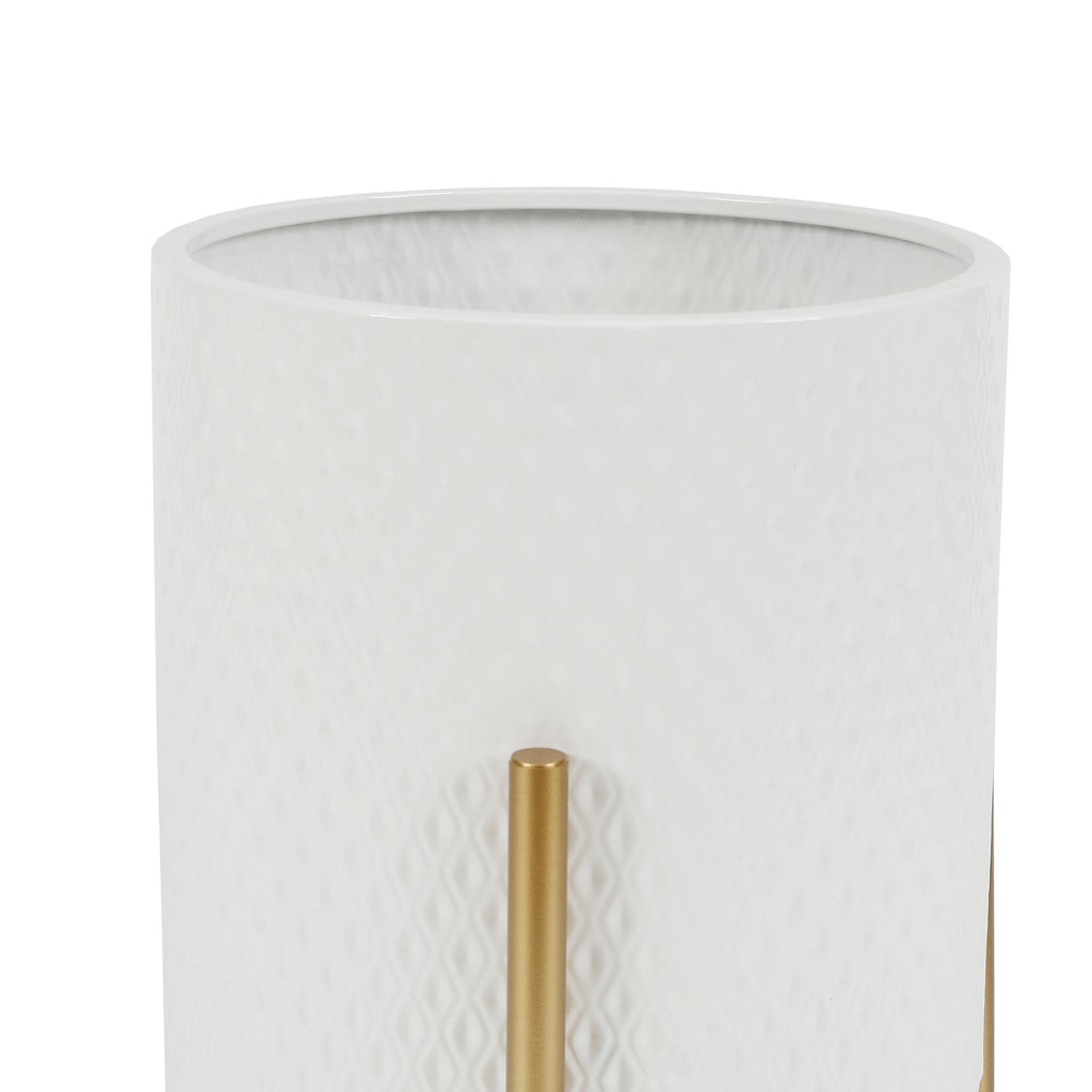 2-Piece Diamond Pattern Round Metal Cachepot Planter Set, White with Gold Stands