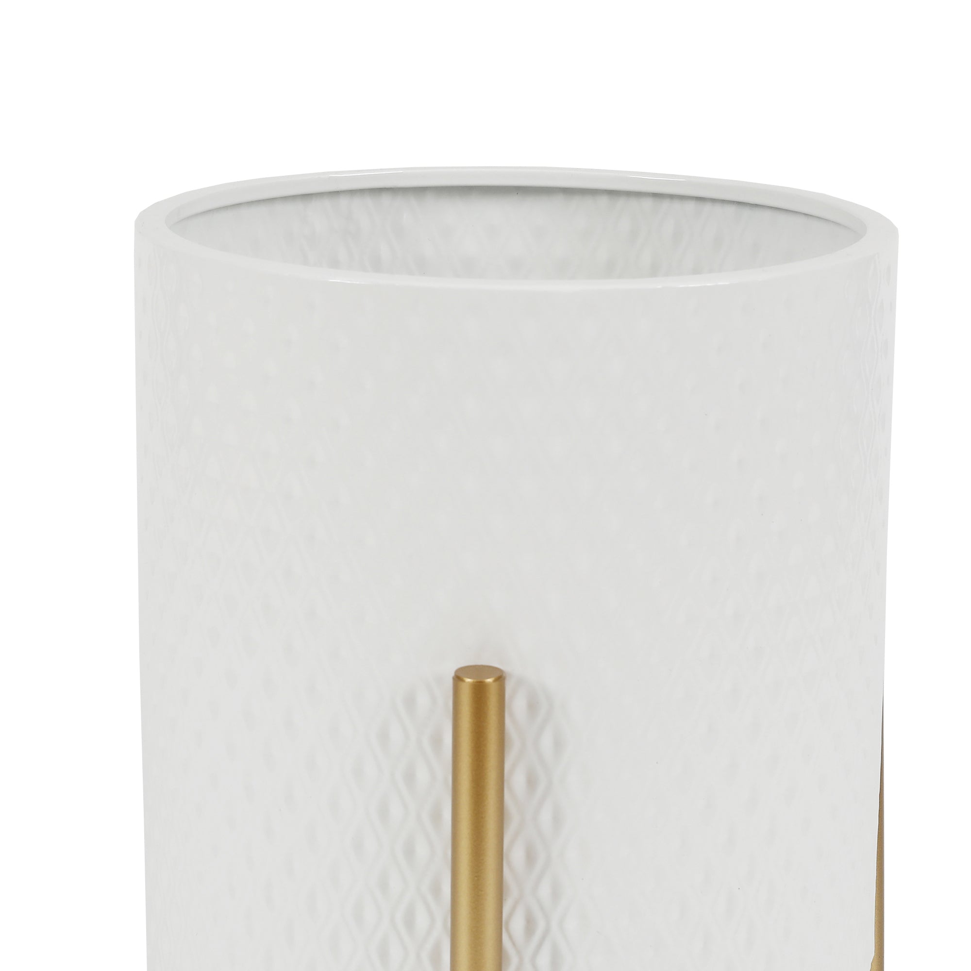 2-Piece Diamond Pattern Round Metal Cachepot Planter Set, White with Gold Stands