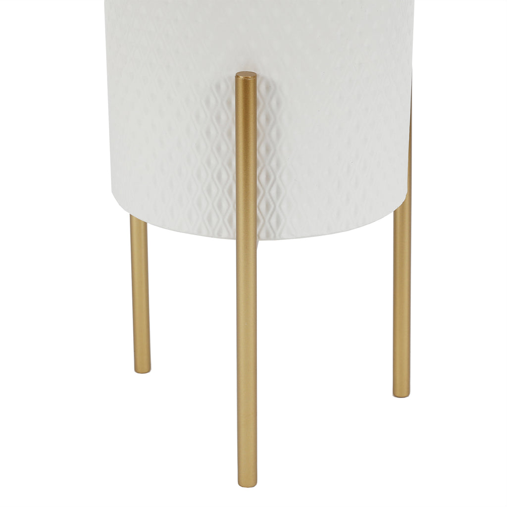 2-Piece Diamond Pattern Round Metal Cachepot Planter Set, White with Gold Stands