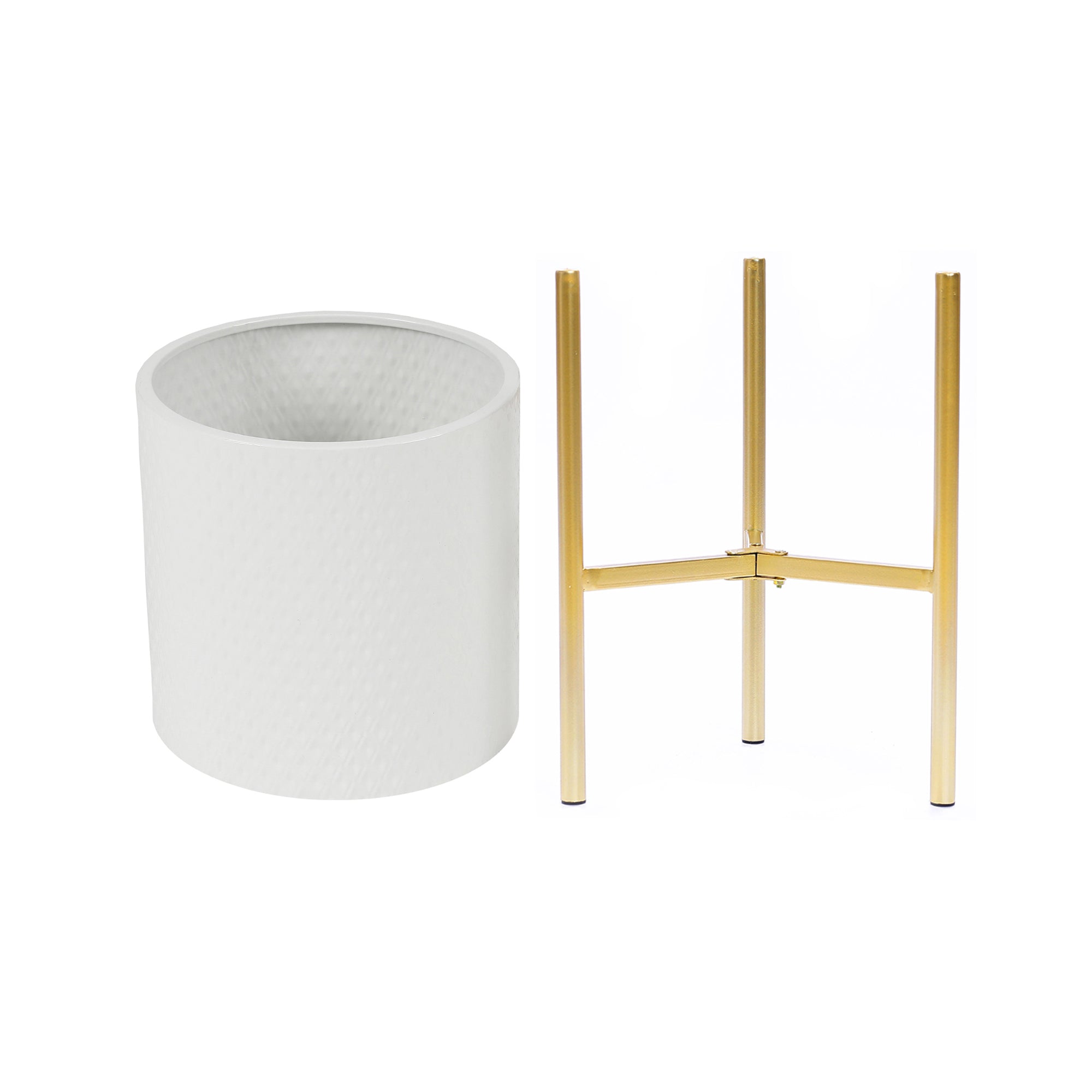 2-Piece Diamond Pattern Round Metal Cachepot Planter Set, White with Gold Stands