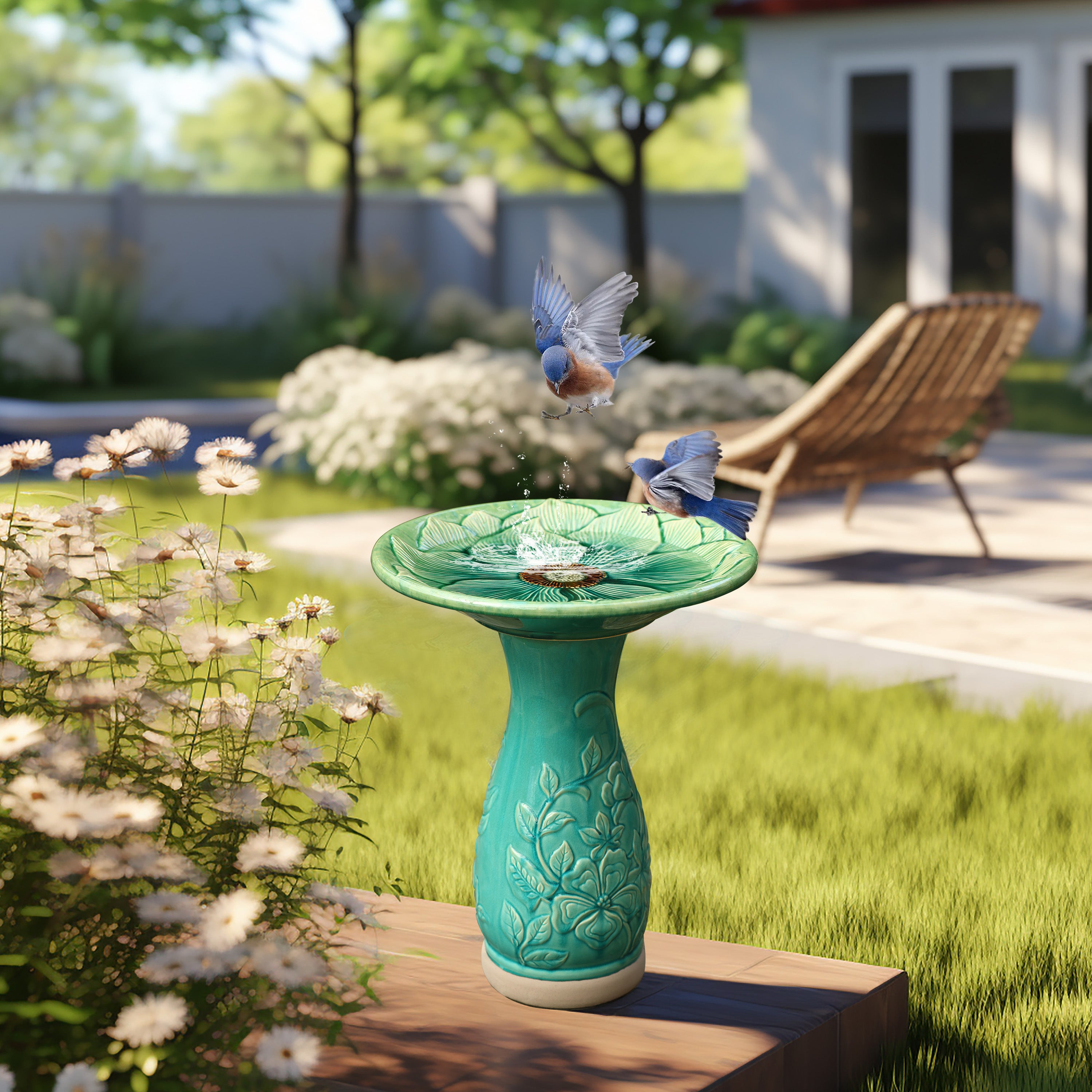 Aqua Glazed Flower Ceramic 22-In Tall Birdbath