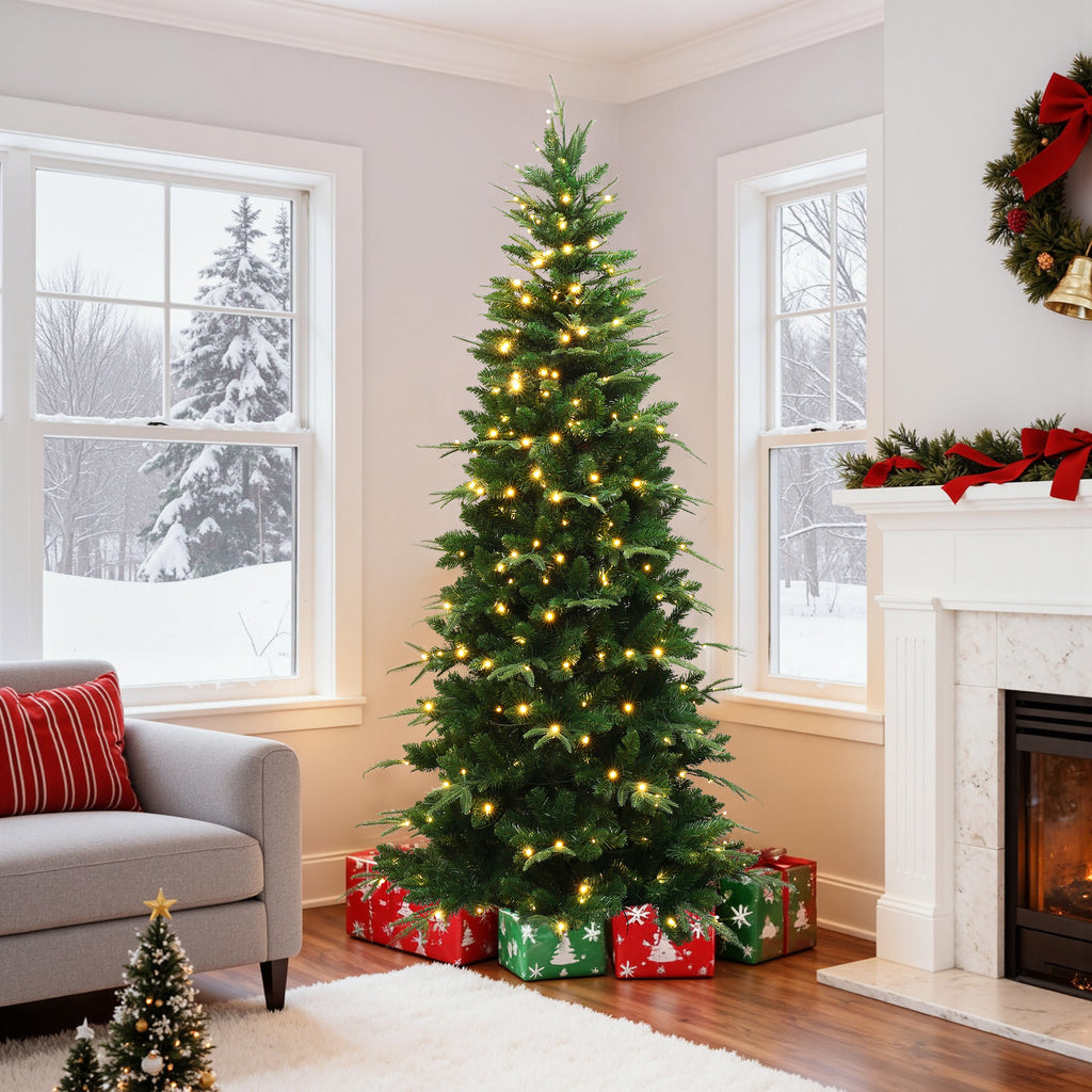 7Ft Pre-Lit Green Slim Artificial Christmas Tree with 8 Light Functions
