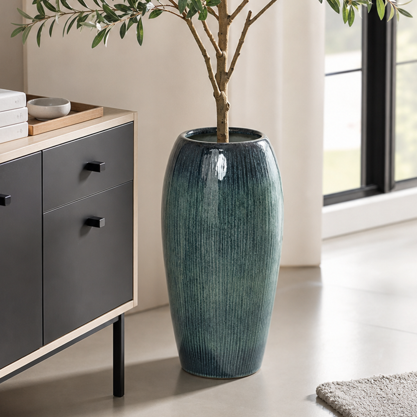 Vale Glazed Ceramic Tall Planter, Green-Blue, 23"