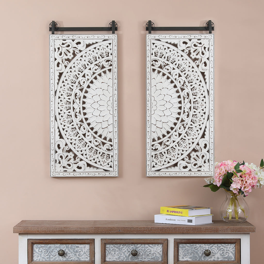 Set of 2 Distressed Ivory White Wood Flower Wall Decor