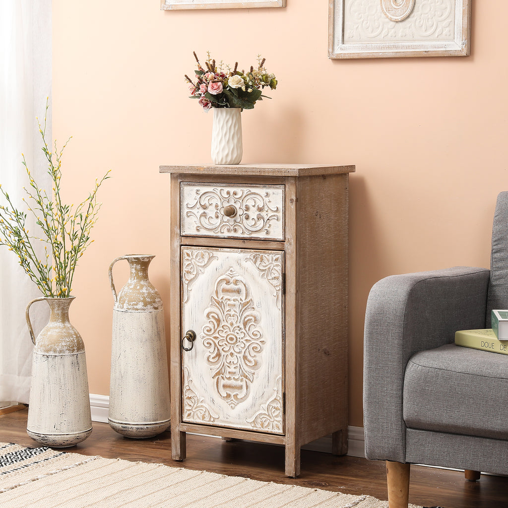 Floral Carved Wood 1-Door 1-Drawer End Table with Storage