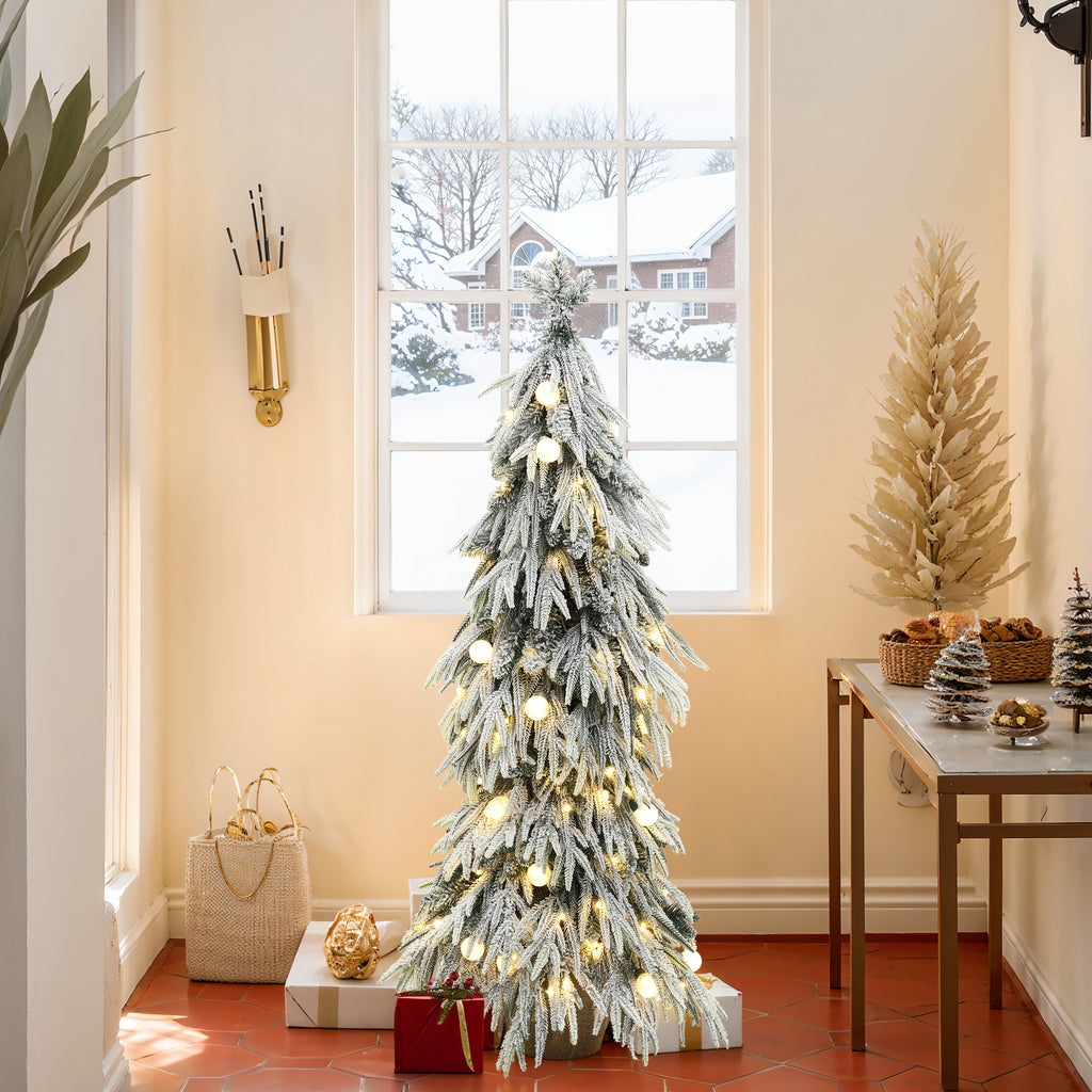 4.5Ft Pre-Lit Snow Flocked Slender Fir Artificial Christmas Tree