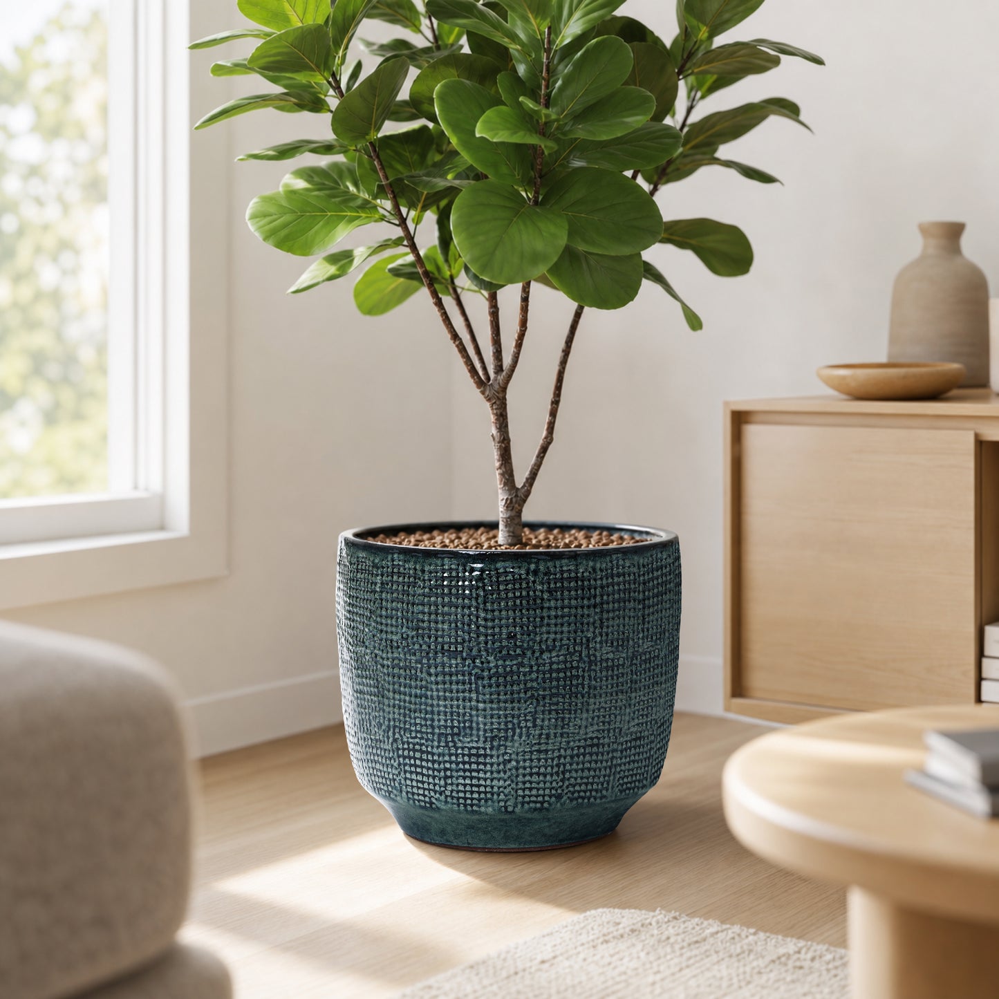 Weave Textured Ceramic Round Planter, Coastal Gray, 14"