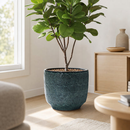 Weave Textured Ceramic Round Planter, Coastal Gray, 14"