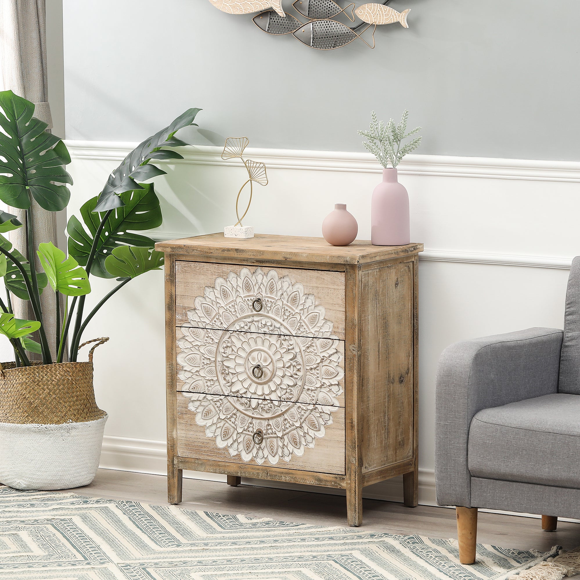 3-Drawer 28.2" H x 25.2" W Natural Wood White Floral Accent Chest