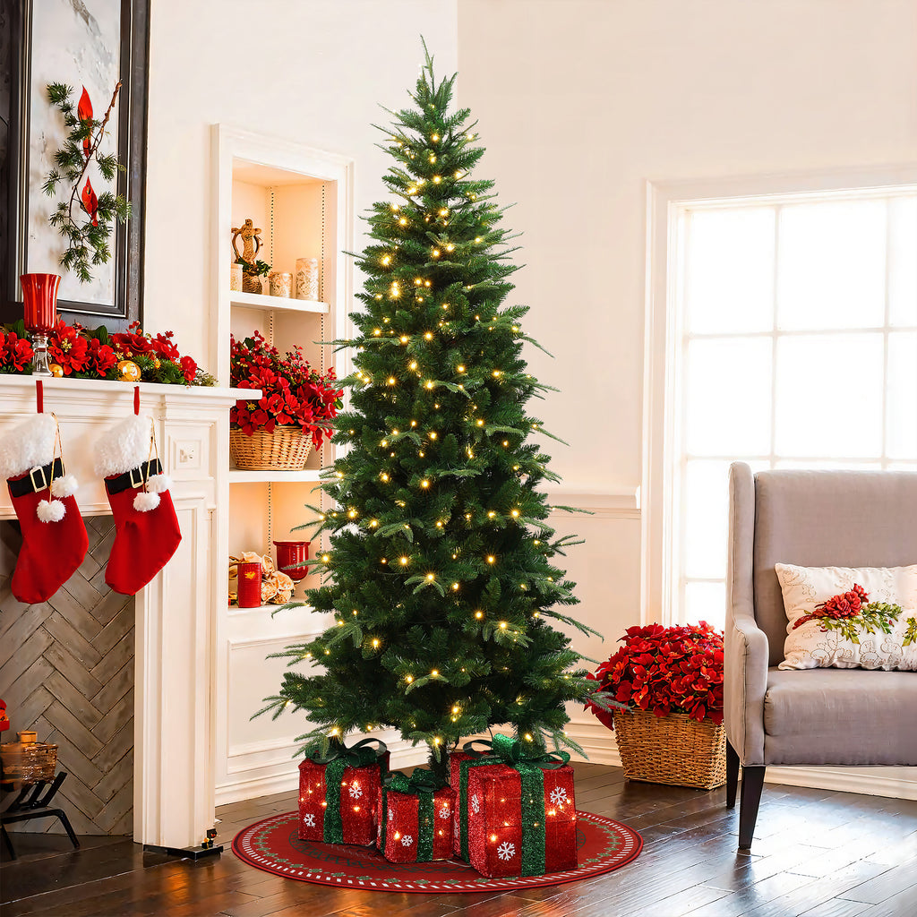 7Ft Pre-Lit Green Slim Artificial Christmas Tree with 8 Light Functions