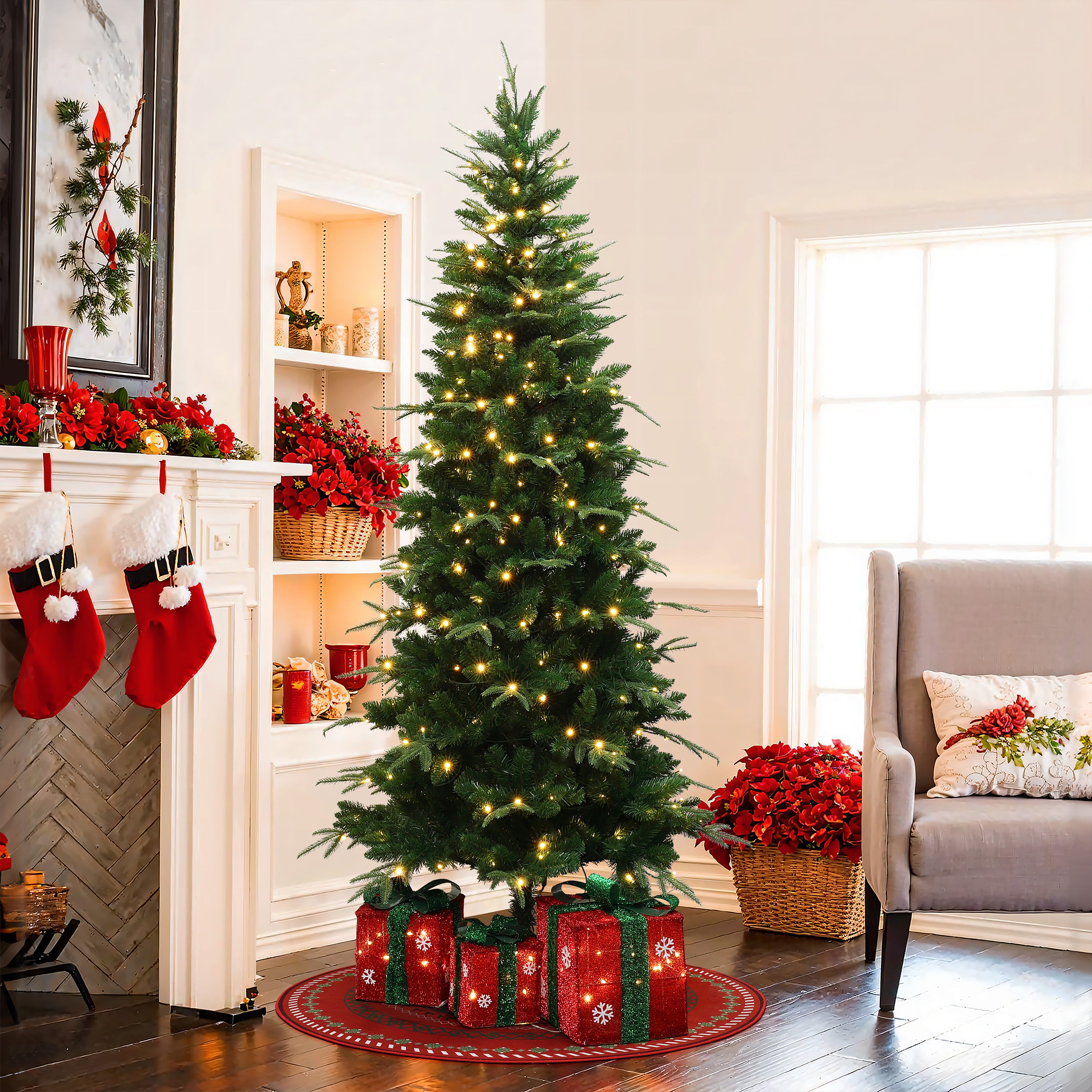 7Ft Pre-Lit Green Slim Artificial Christmas Tree with 8 Light Functions