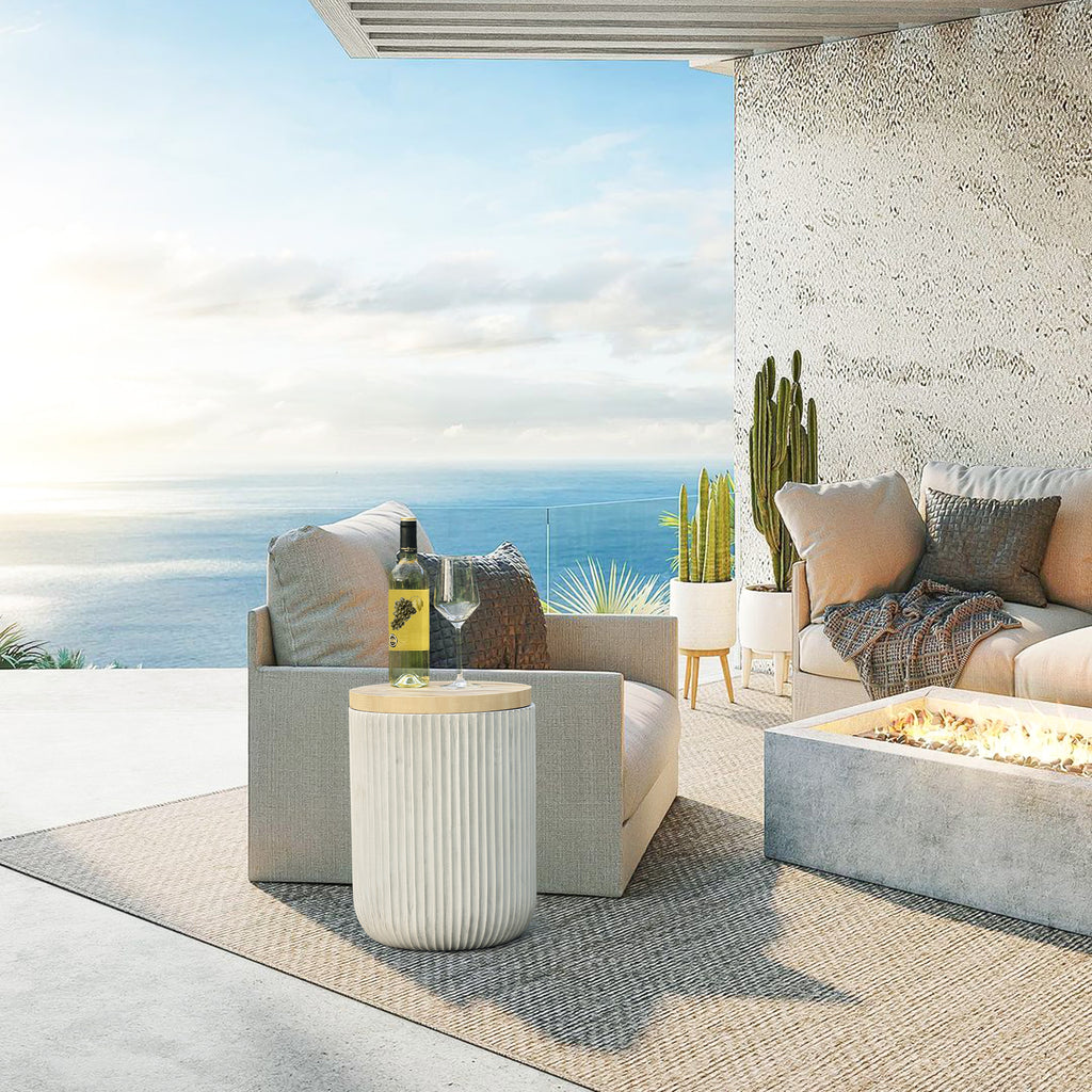 Gray Cement and Faux Wood Top Indoor Outdoor Side and End Table with Storage