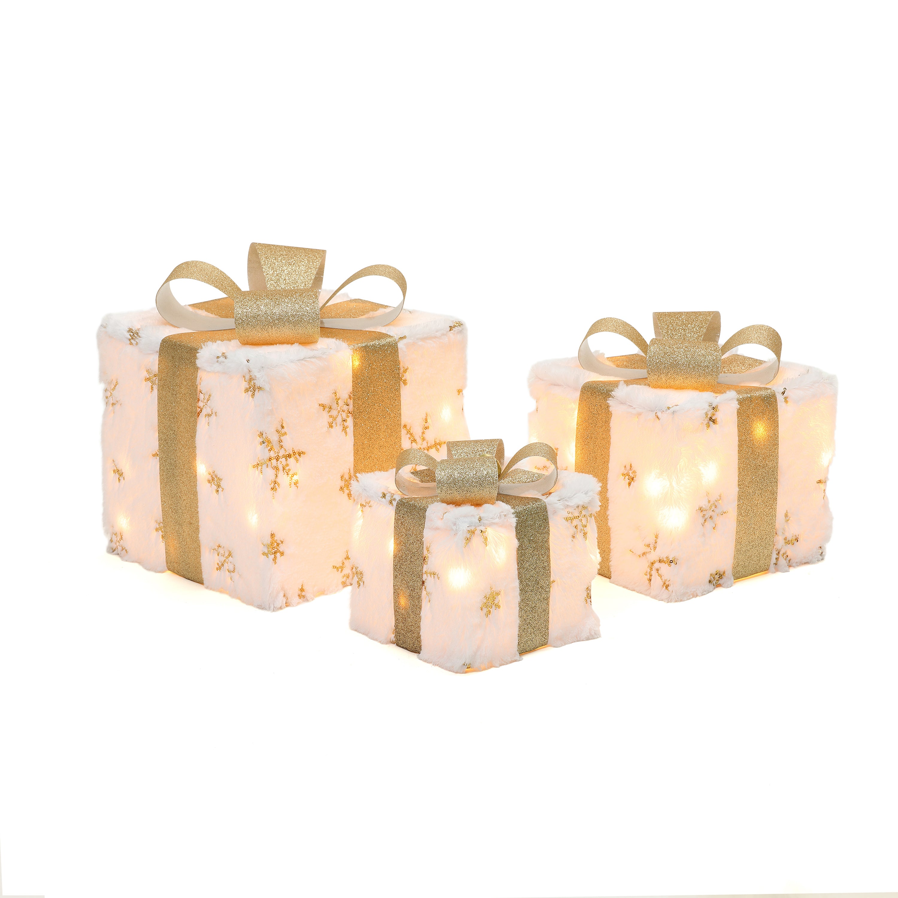 3-Piece Snowflake White and Gold Giftbox Holiday Decoration Set with Lights