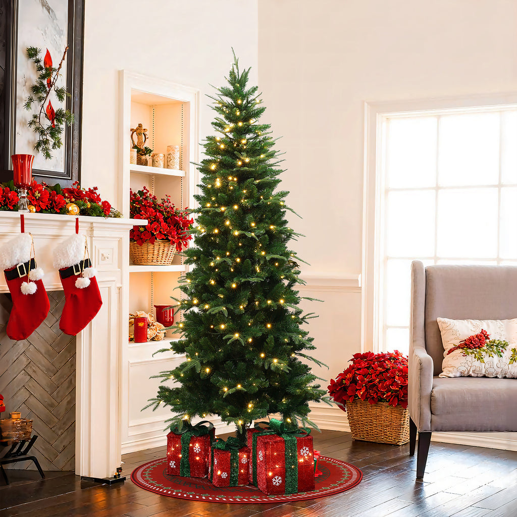 6Ft Pre-Lit Green Slim Artificial Christmas Tree with 8 Light Functions