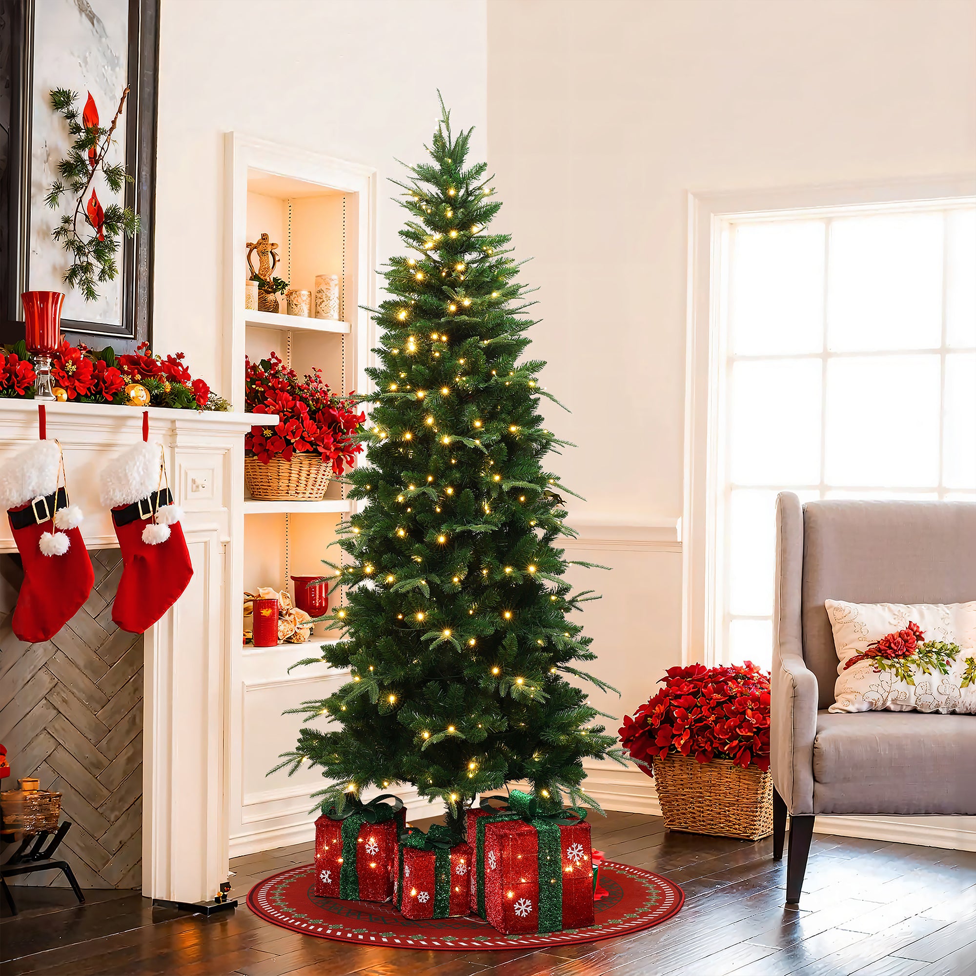 6Ft Pre-Lit Green Slim Artificial Christmas Tree with 8 Light Functions