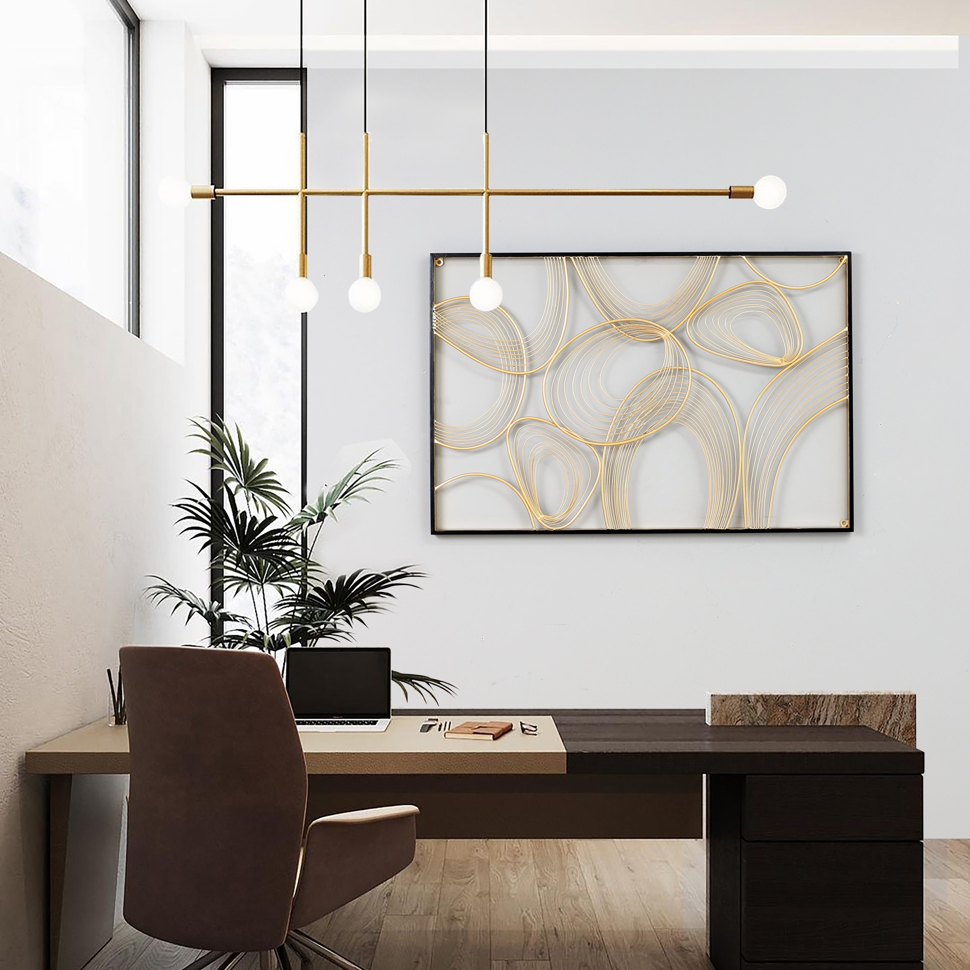 Luxury Abstract Metal Wall Art – Black & Gold Geometric Line Design