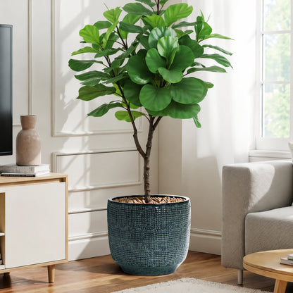 Weave Textured Ceramic Round Planter, Coastal Gray, 14"
