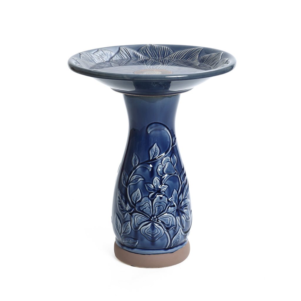 Blue Petals and Vines 22-Inch Tall Ceramic Birdbath