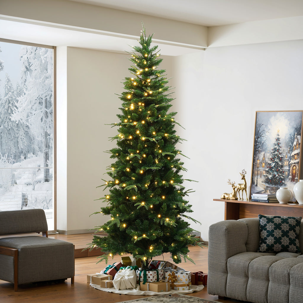 7Ft Pre-Lit Green Slim Artificial Christmas Tree with 8 Light Functions