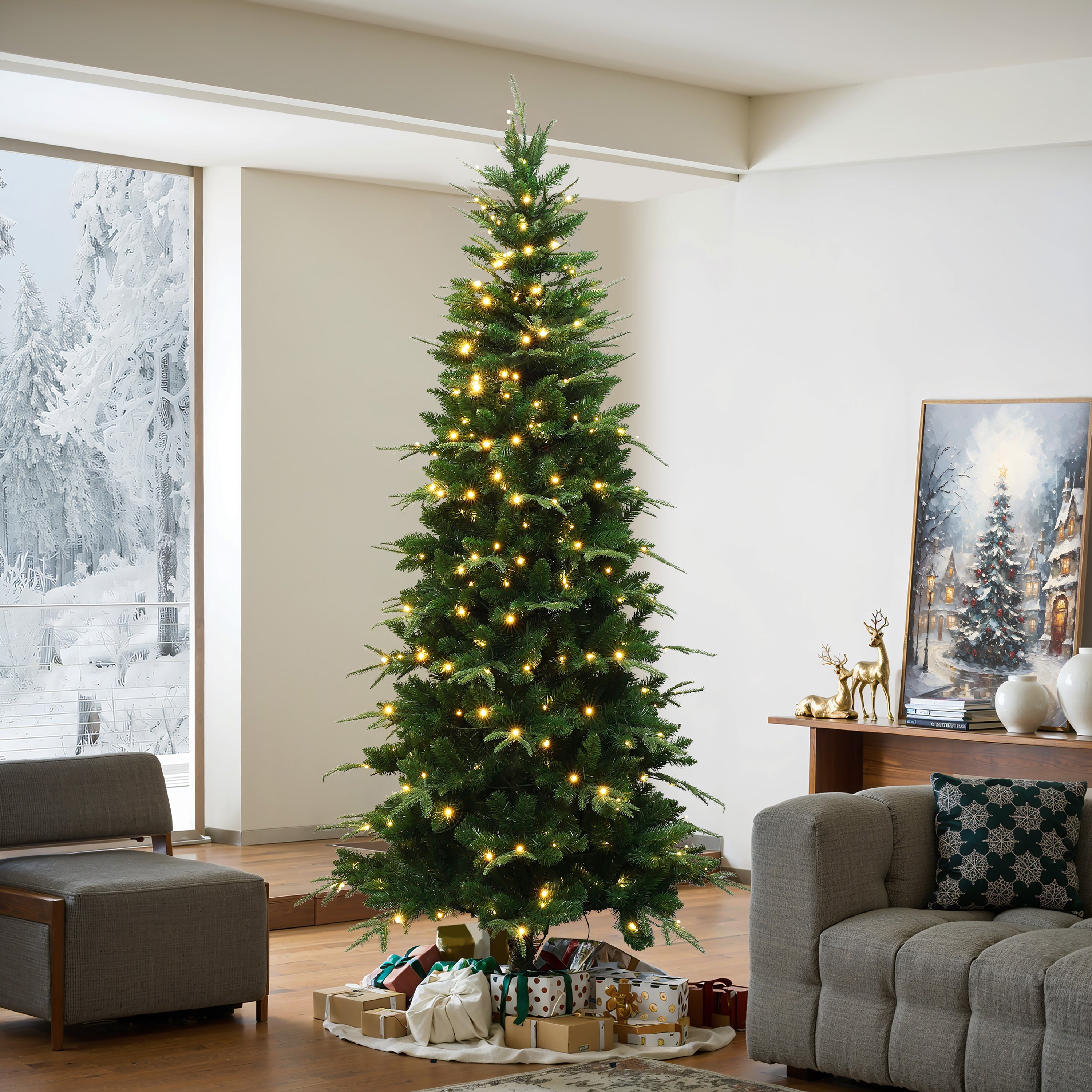 7Ft Pre-Lit Green Slim Artificial Christmas Tree with 8 Light Functions