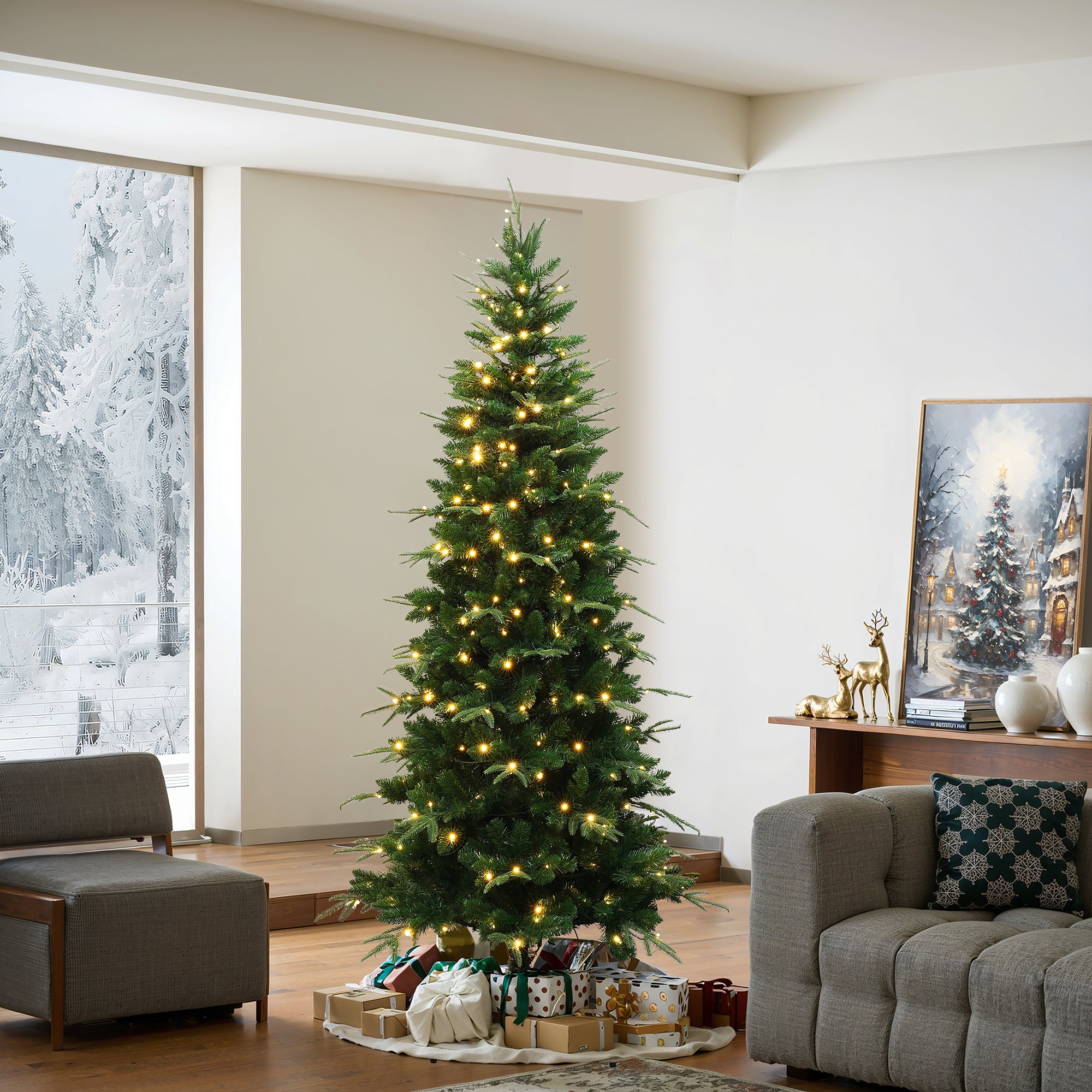 6Ft Pre-Lit Green Slim Artificial Christmas Tree with 8 Light Functions