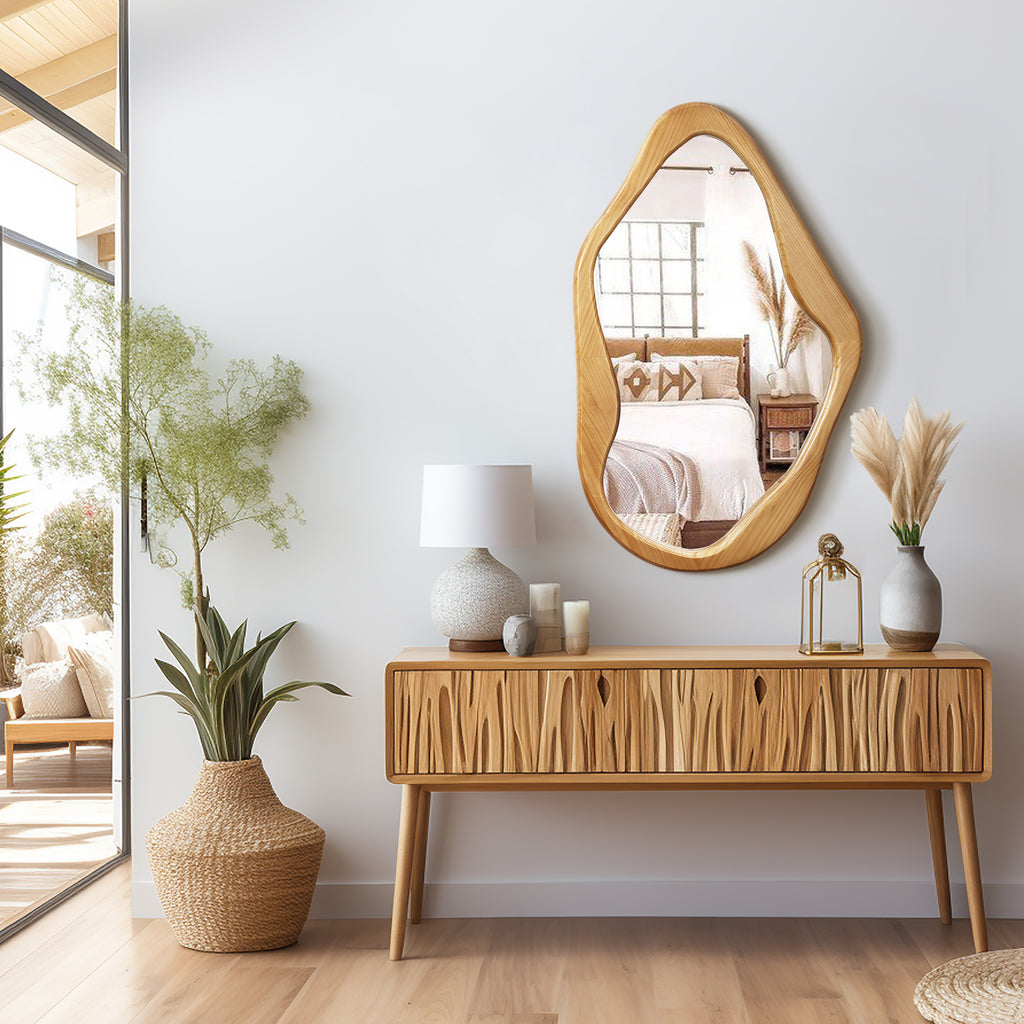 Natural Pine Wood Frame Irregular Asymmetrical Wall Mirror