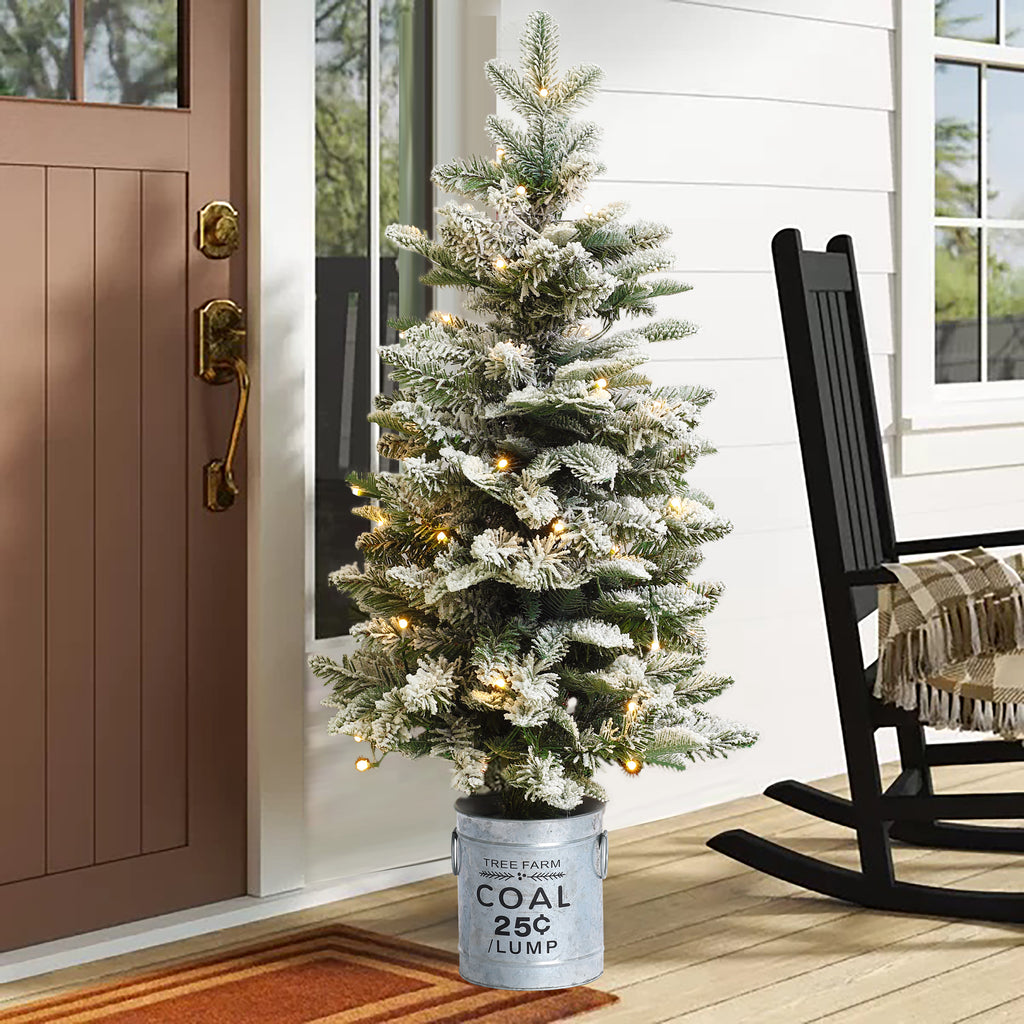 3Ft Artificial Flocked Fir Christmas Tree Potted with Battery-Operated Lights