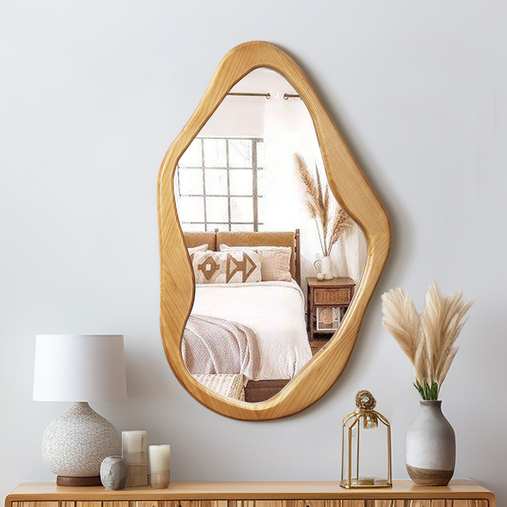 Natural Pine Wood Frame Irregular Asymmetrical Wall Mirror