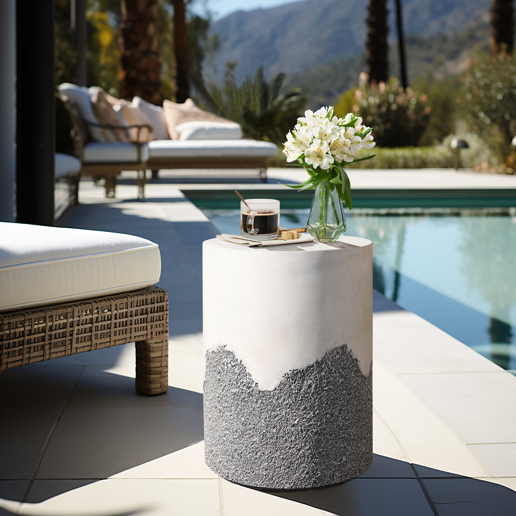 Gray and White Cement Round Outdoor Side Table