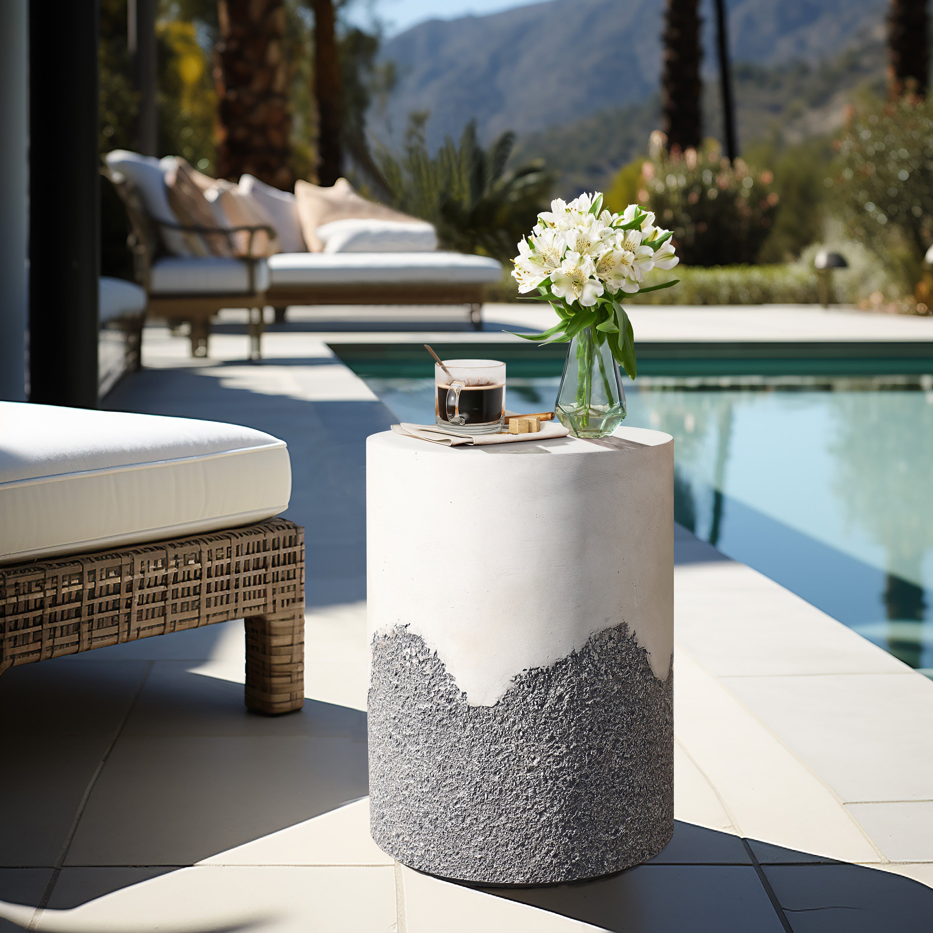 Gray and White Cement Round Outdoor Side Table