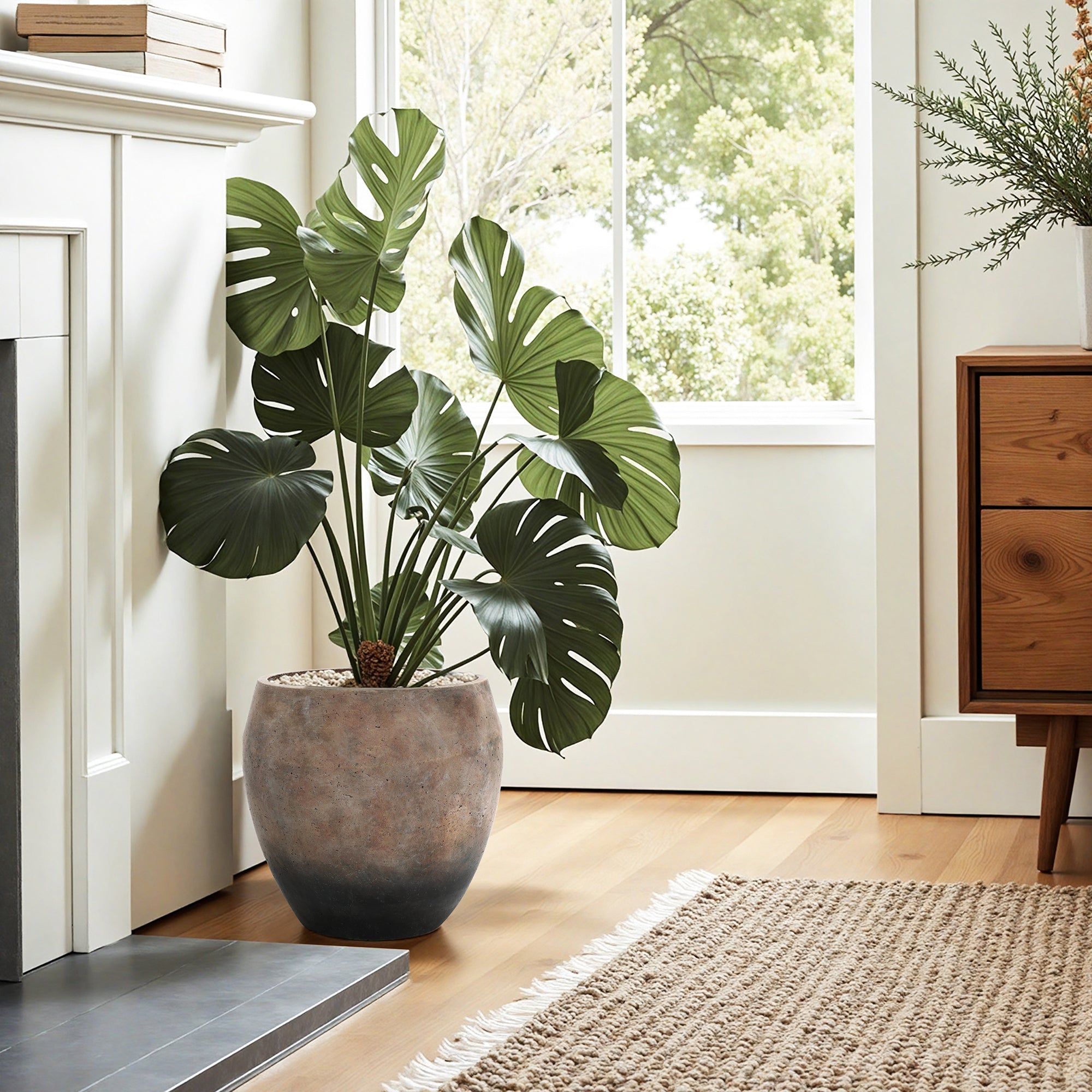 Vintage Antiqued Brown with Charcoal Base 13.8-Inch Tall Round Cement Planter