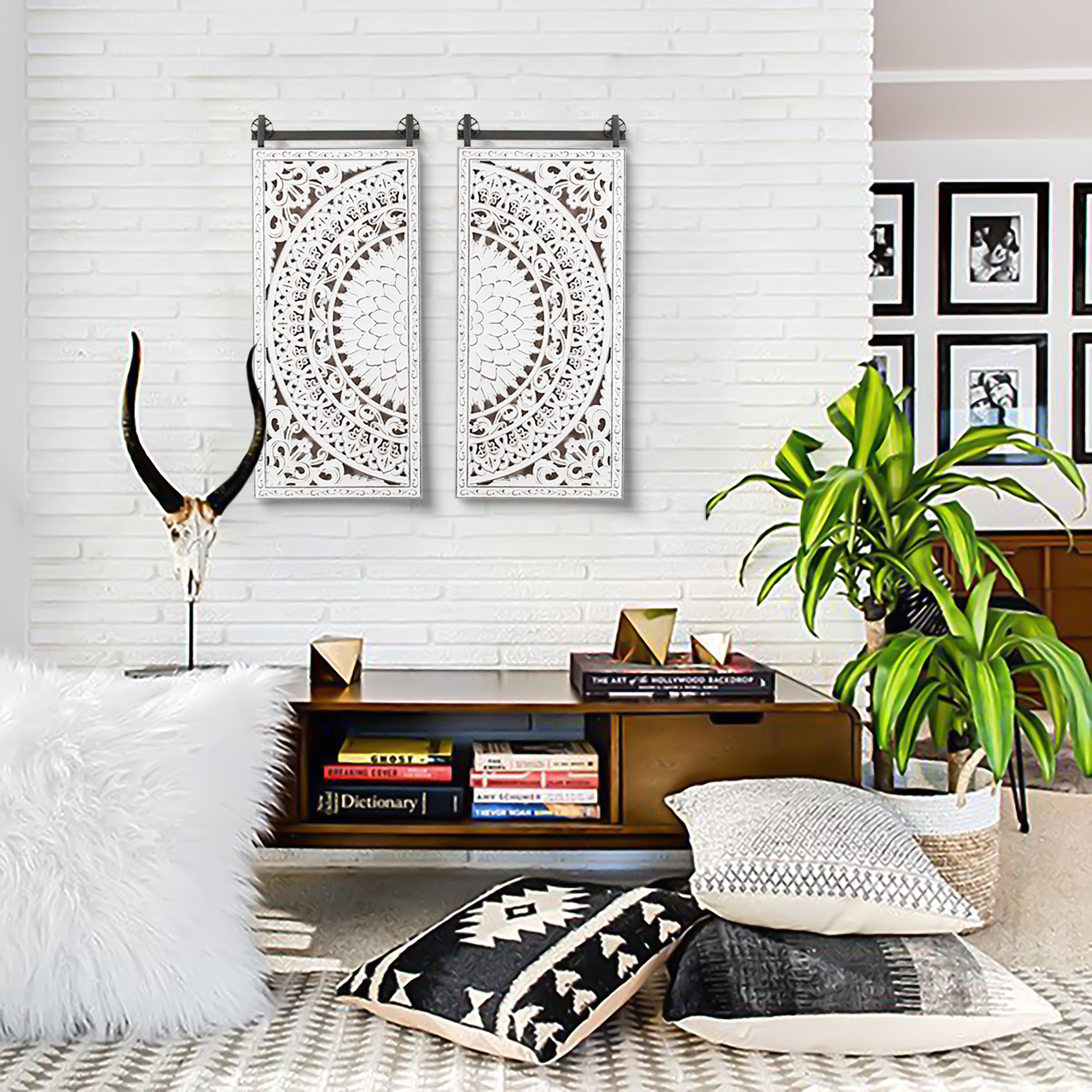 Set of 2 Distressed Ivory White Wood Flower Wall Decor