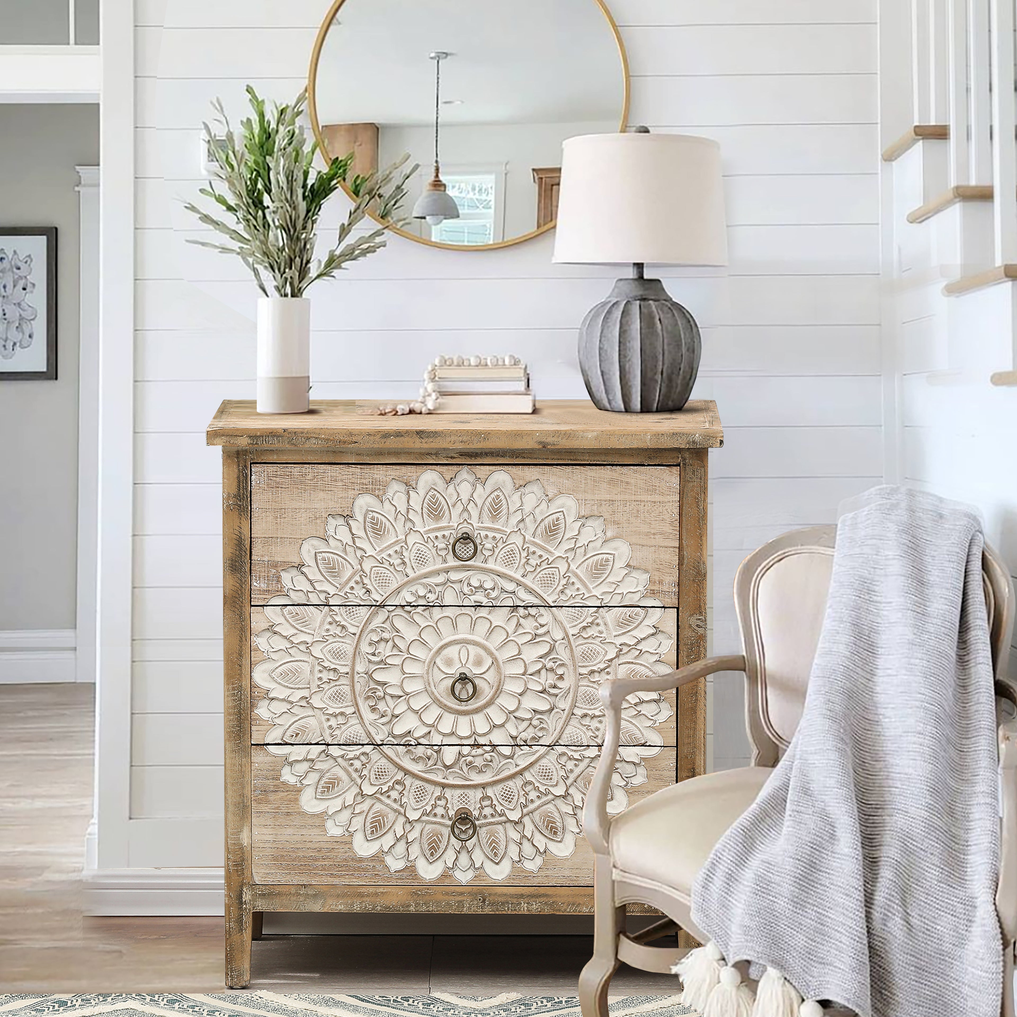 3-Drawer 28.2" H x 25.2" W Natural Wood White Floral Accent Chest